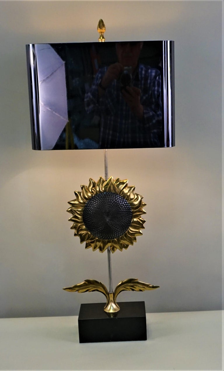 Two color patina bronze, oxidized pearl black and golden bronze sunflower table lamp by Maison Charles.