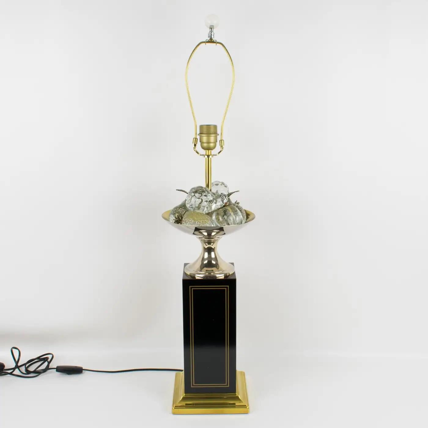 Lampe de table de la Maison Charles Fruits en émail noir et cristal, France 1960 en vente 3