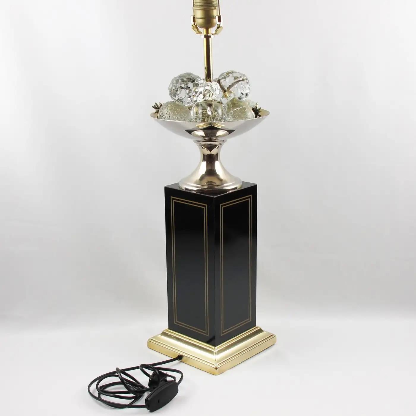 Mid-20th Century Maison Charles Table Lamp Black Enamel and Crystal Fruits, France 1960s For Sale