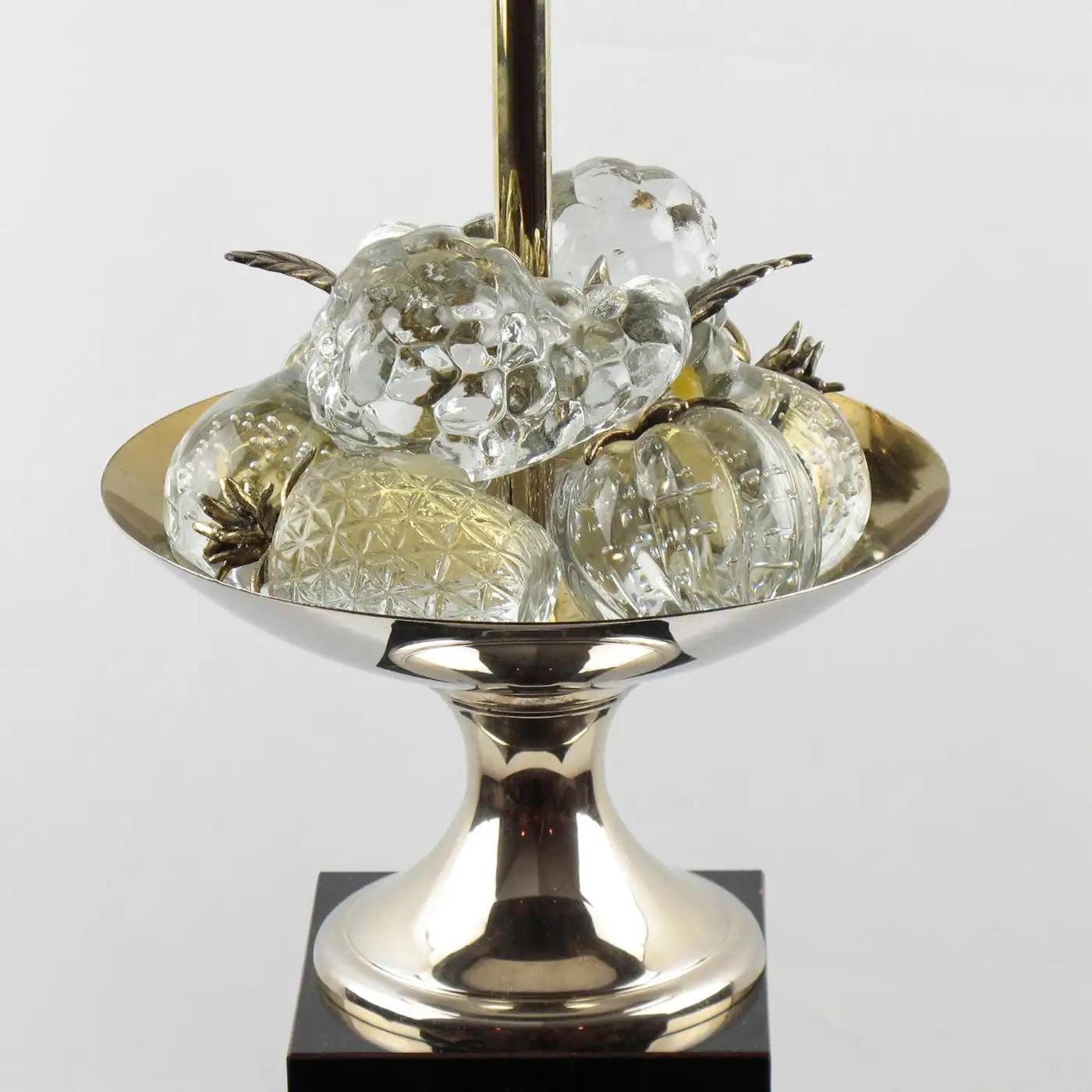 Métal Lampe de table de la Maison Charles Fruits en émail noir et cristal, France 1960 en vente