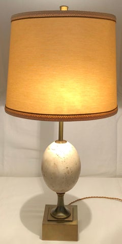 Maison Charles Travertine Table Lamp with Brass Mounts, Signed