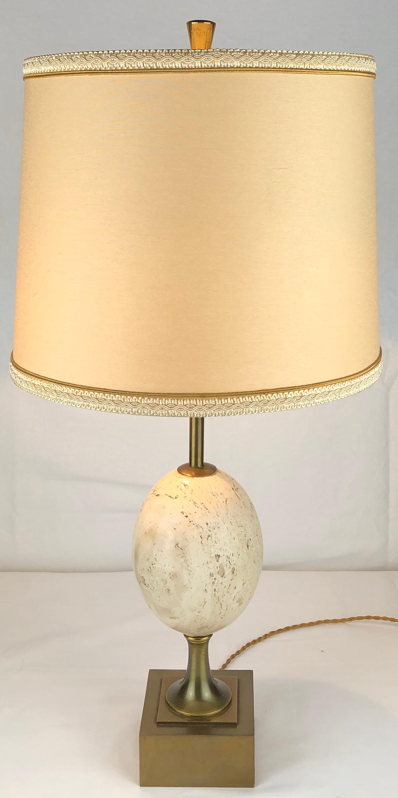 French Maison Charles Travertine Table Lamp with Brass Mounts, Signed For Sale