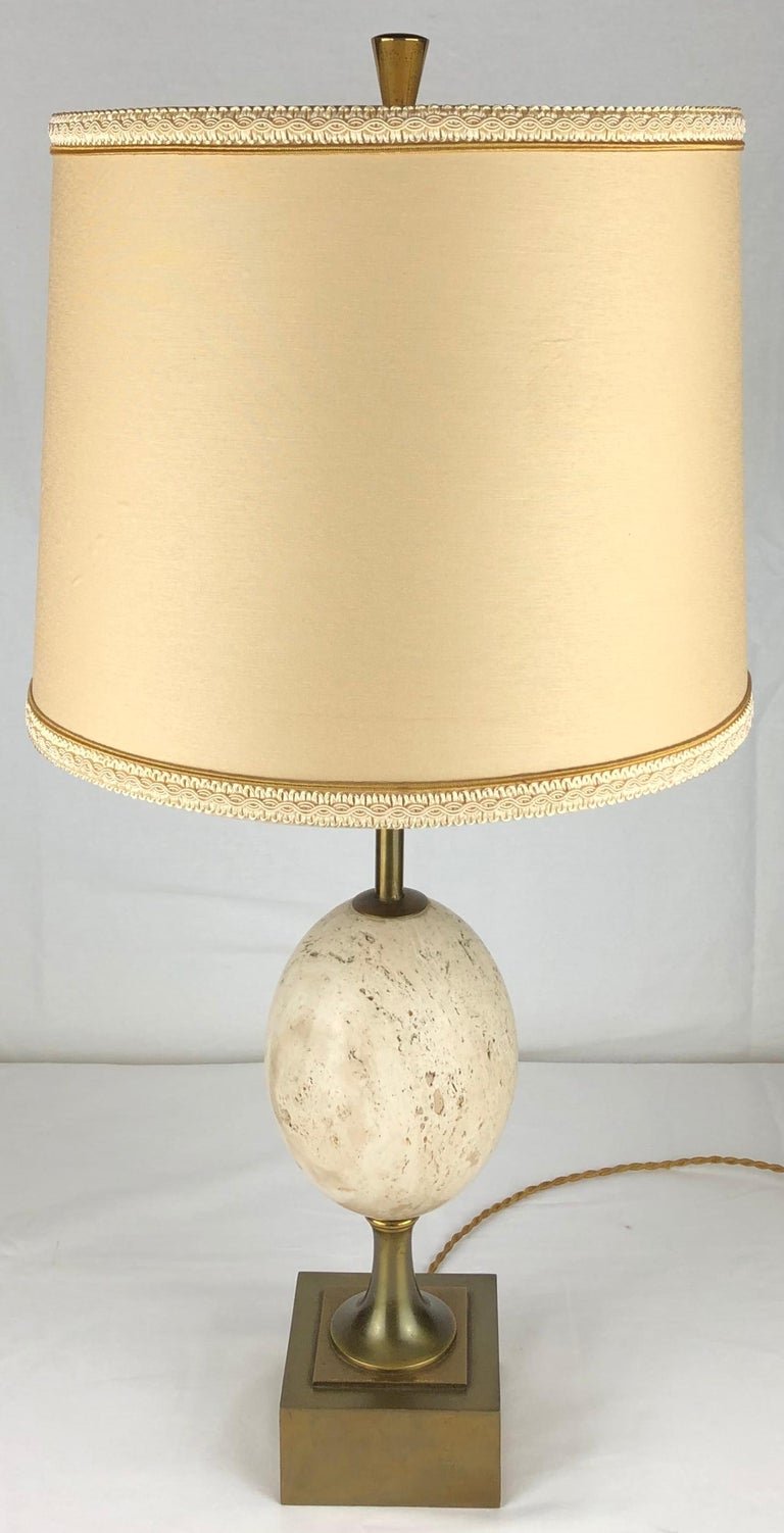 20th Century Maison Charles Travertine Table Lamp with Brass Mounts, Signed For Sale
