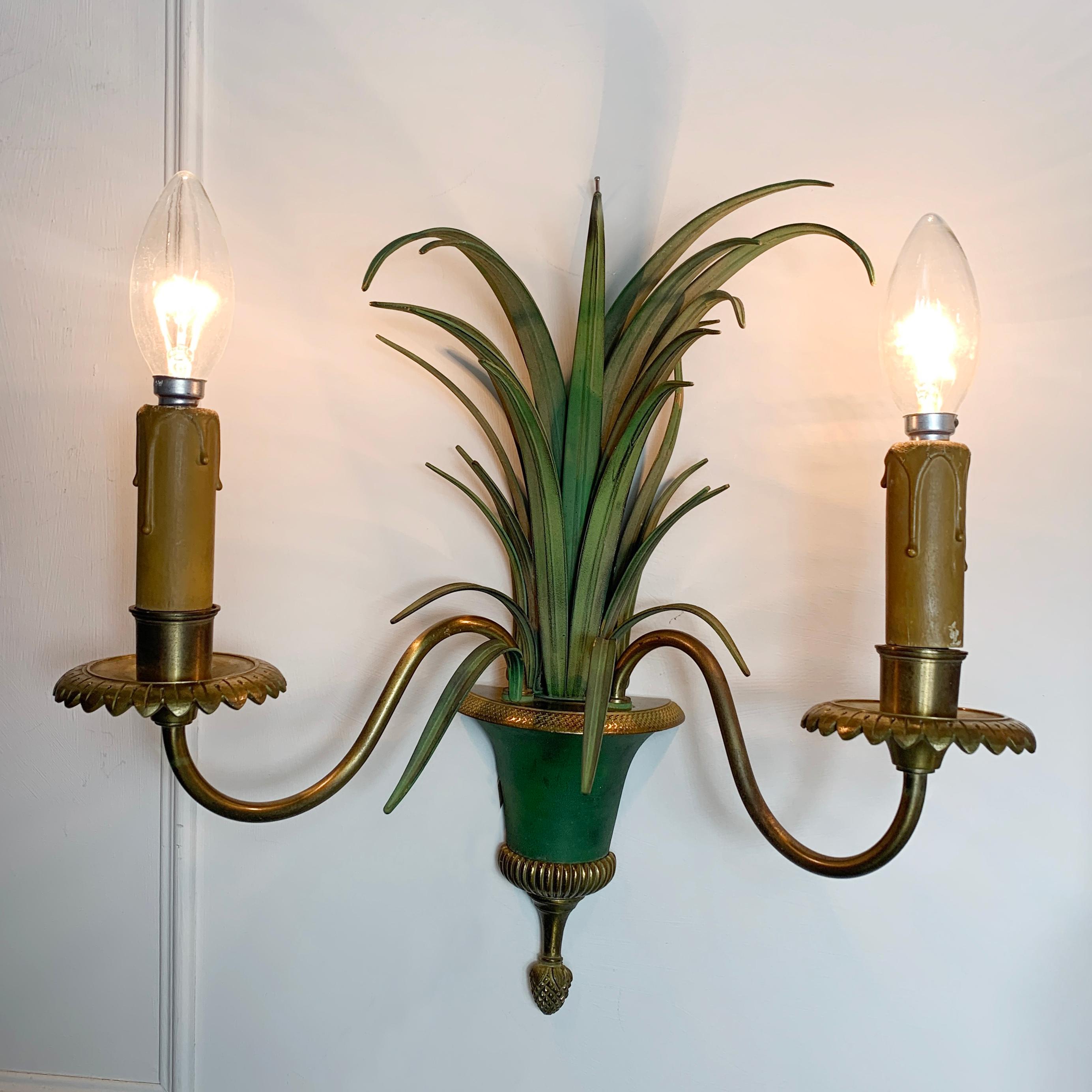 French Maison Charles Verde Foliage Wall Sconce, 1970’S
