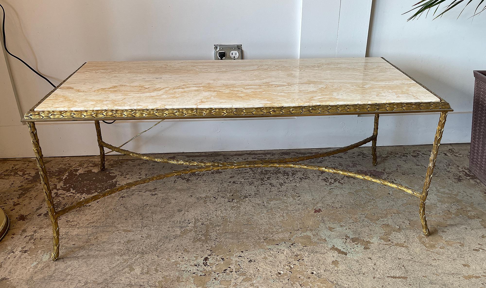 French Maison Charles, Very Elegant Bronze Coffee Table with a Travertine Top, 1950 For Sale
