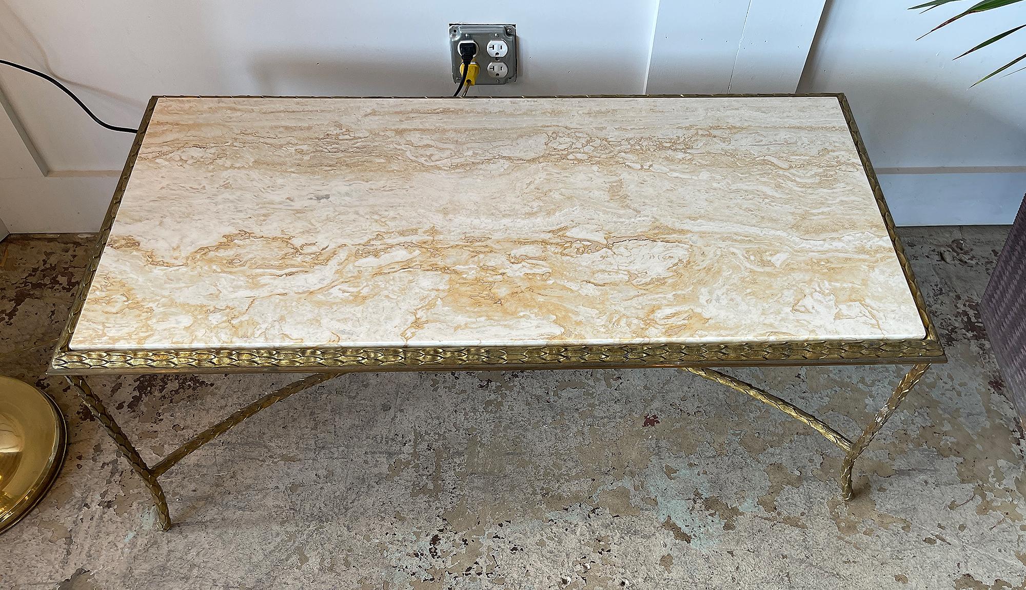 Maison Charles, Very Elegant Bronze Coffee Table with a Travertine Top, 1950 In Good Condition For Sale In Encino, CA