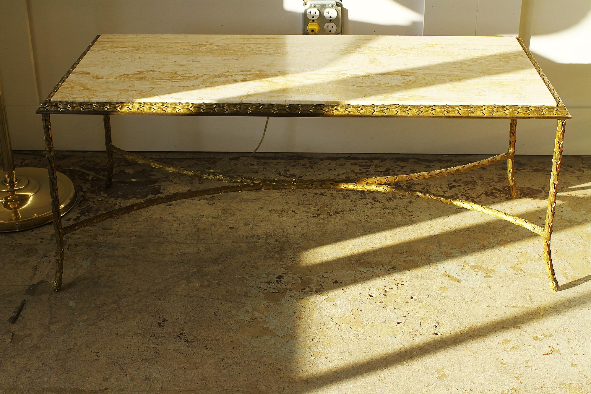 Brass Maison Charles, Very Elegant Bronze Coffee Table with a Travertine Top, 1950 For Sale