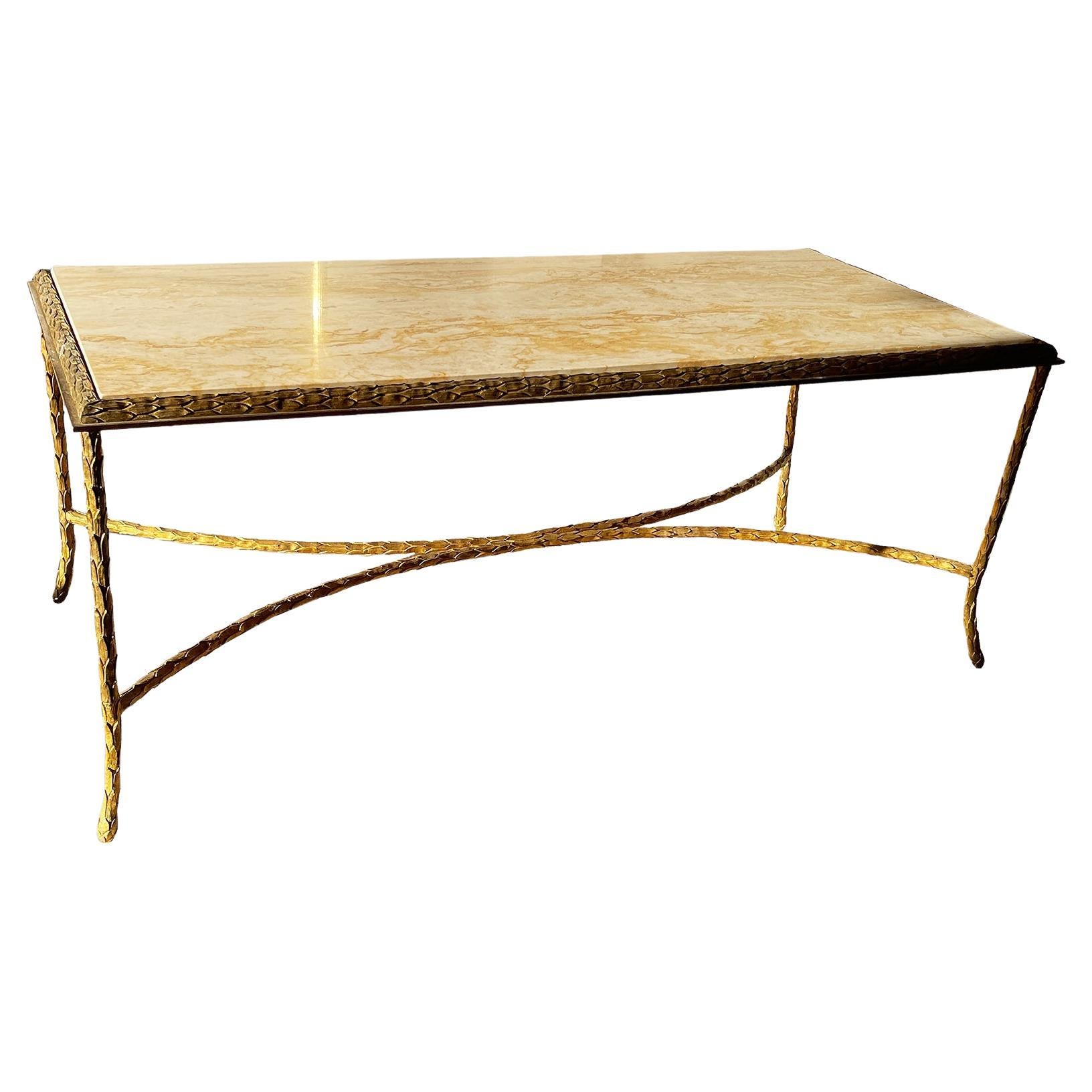 Maison Charles Coffee Table in Bronze with a Travertine Top, 1950 For Sale