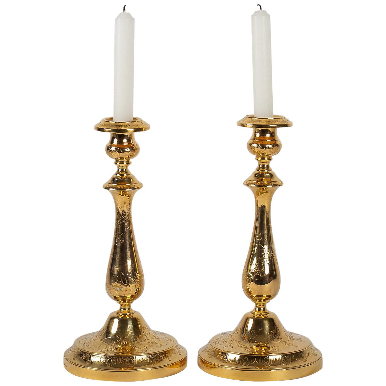 Maison Christofle, 19th-Century Pair of Silvered and Gilted Metal Candlesticks For Sale