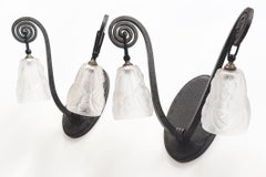 Pair of Wrought Iron sconces, Maison Degué Signed Glass shades, French Design