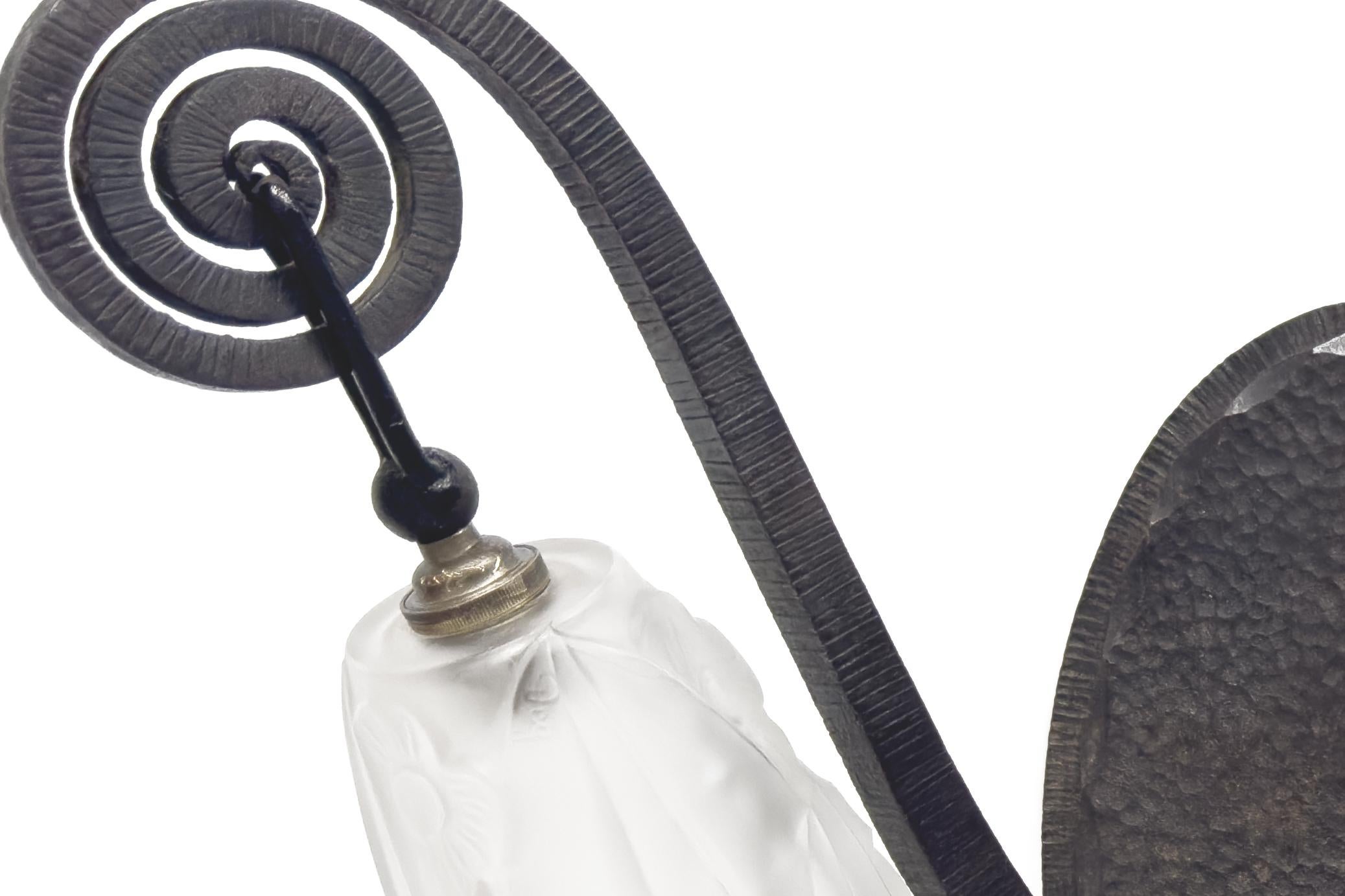 Pair of Maison Degué Wrought Iron sconces with Signed Glass shades French Design For Sale 3