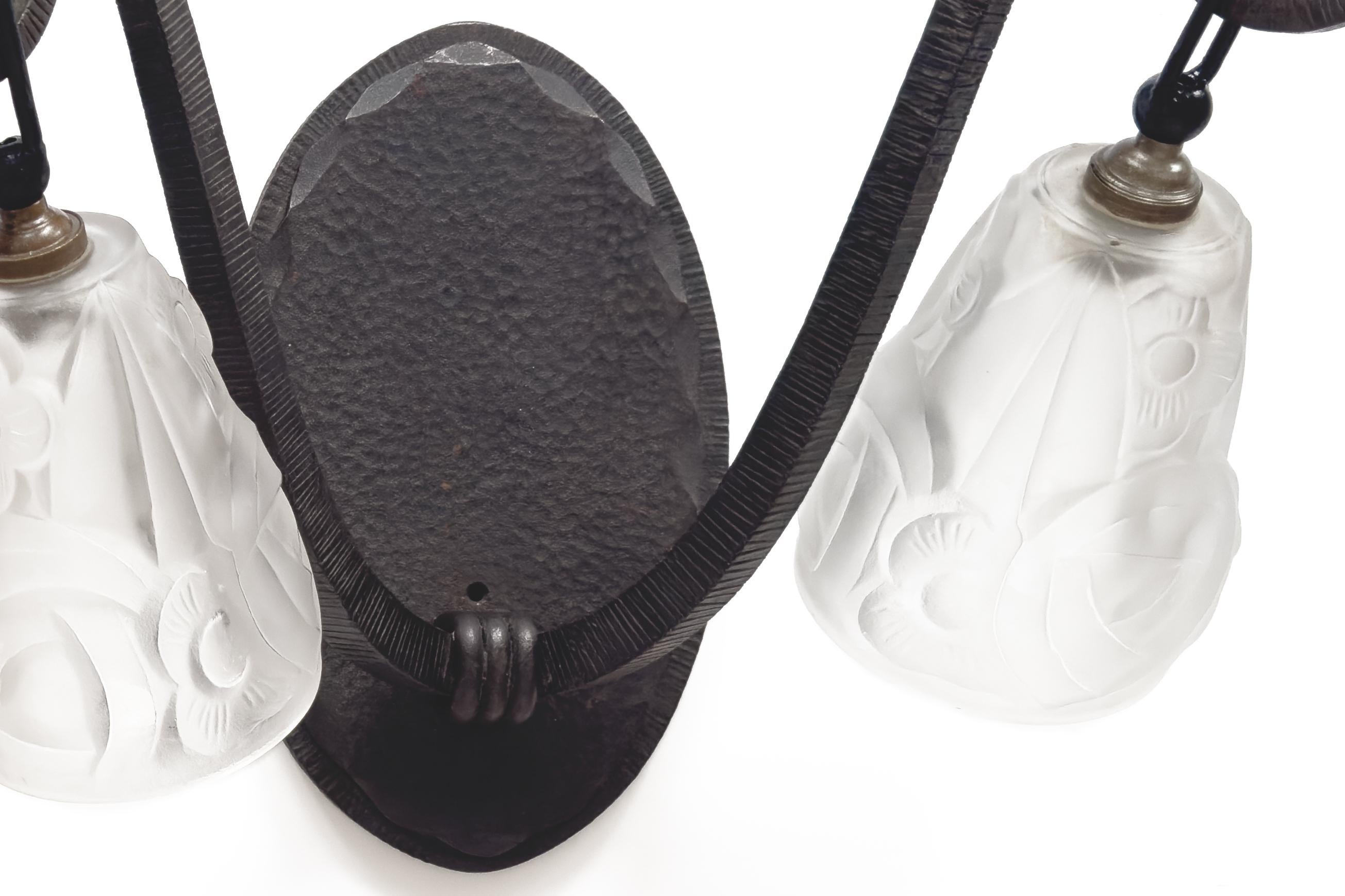 Pair of Maison Degué Wrought Iron sconces with Signed Glass shades French Design For Sale 4
