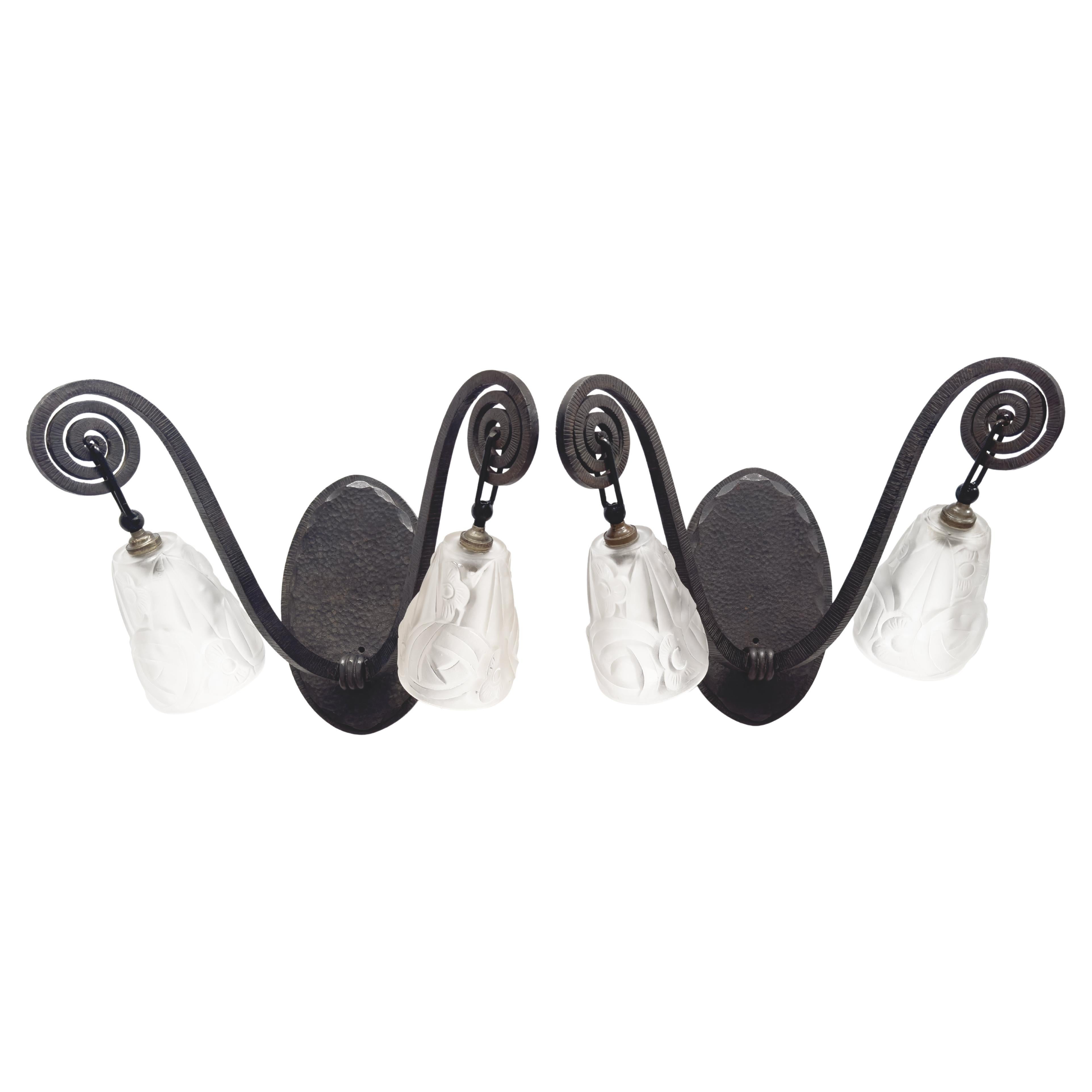 Pair of Maison Degué Wrought Iron sconces with Signed Glass shades French Design For Sale