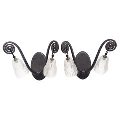 Pair of Maison Degué Wrought Iron sconces with Signed Glass shades French Design