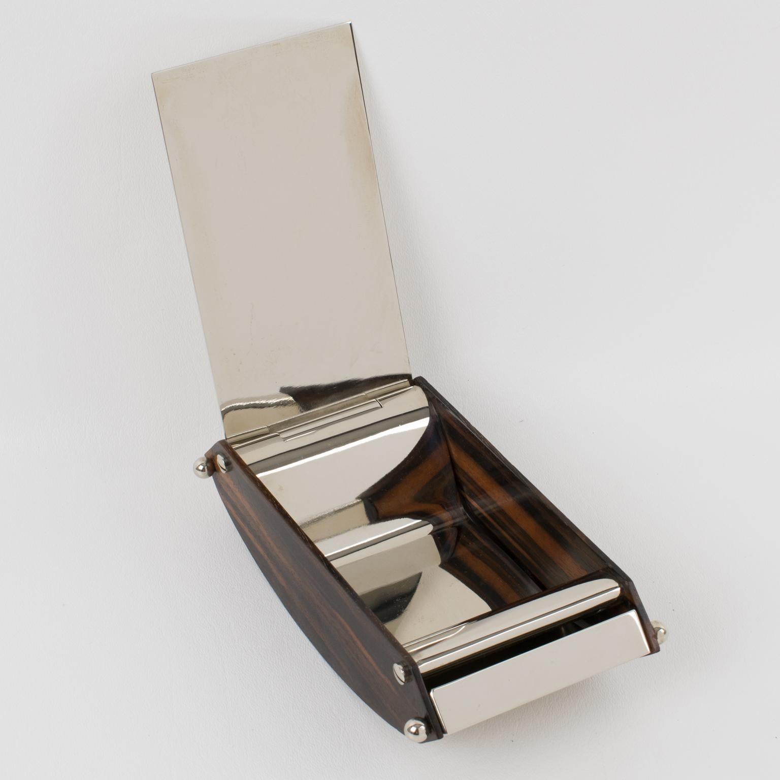 Maison Desny Style Art Deco Macassar Wood and Chrome Metal Box, 1930s In Excellent Condition For Sale In Atlanta, GA