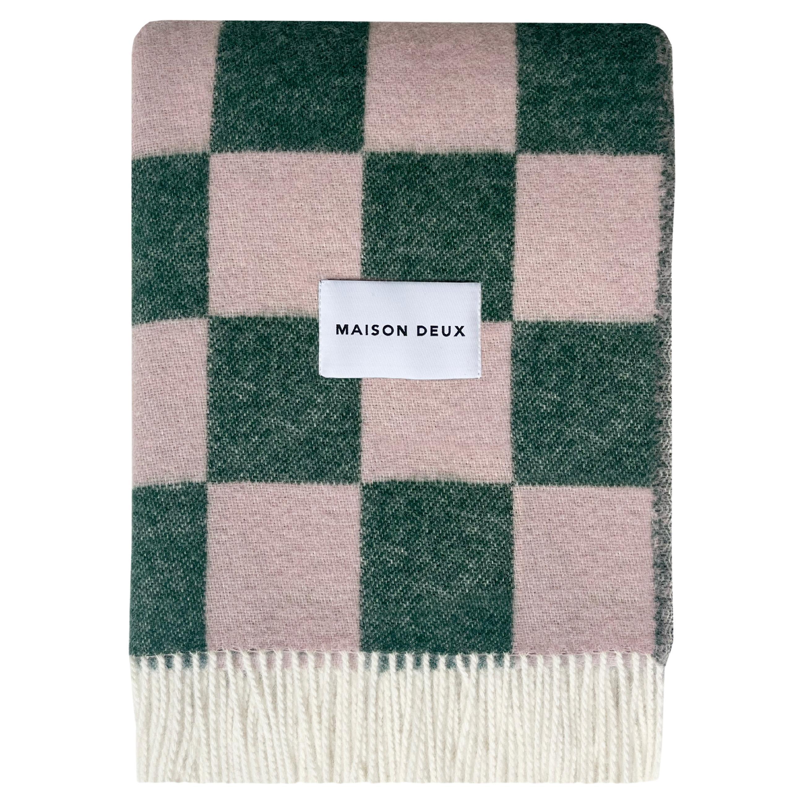MAISON DEUX Schachbrettdecke Deckendecke Grün Rosa 100% neuseeländische Wolle im Angebot