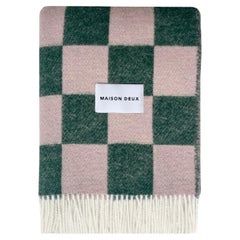 MAISON DEUX Checkerboard Blanket Green Pink 100% New Zealand Wool