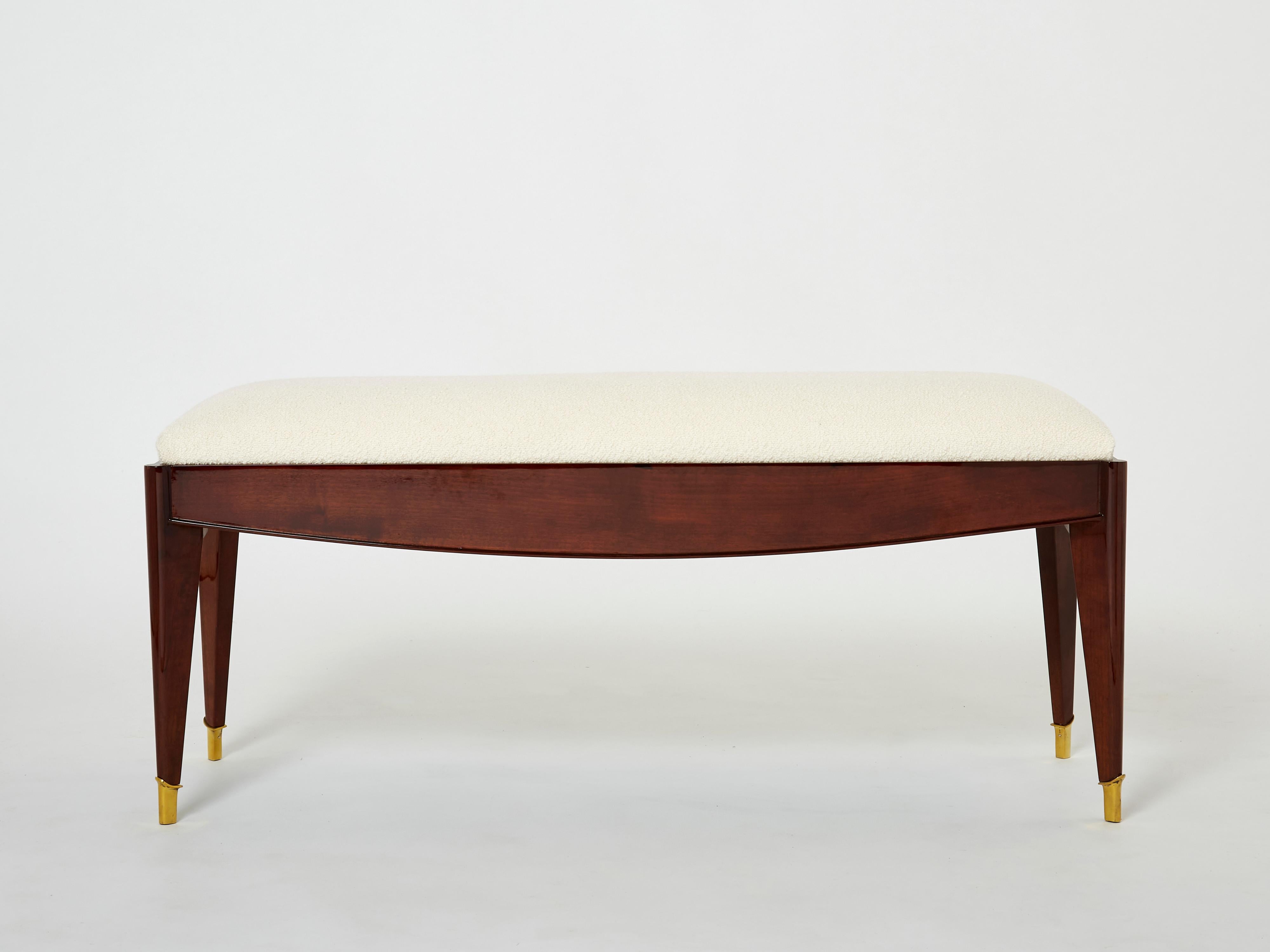 French Maison Dominique Bench Banquette Walnut Wool Bouclé Brass, 1940s For Sale