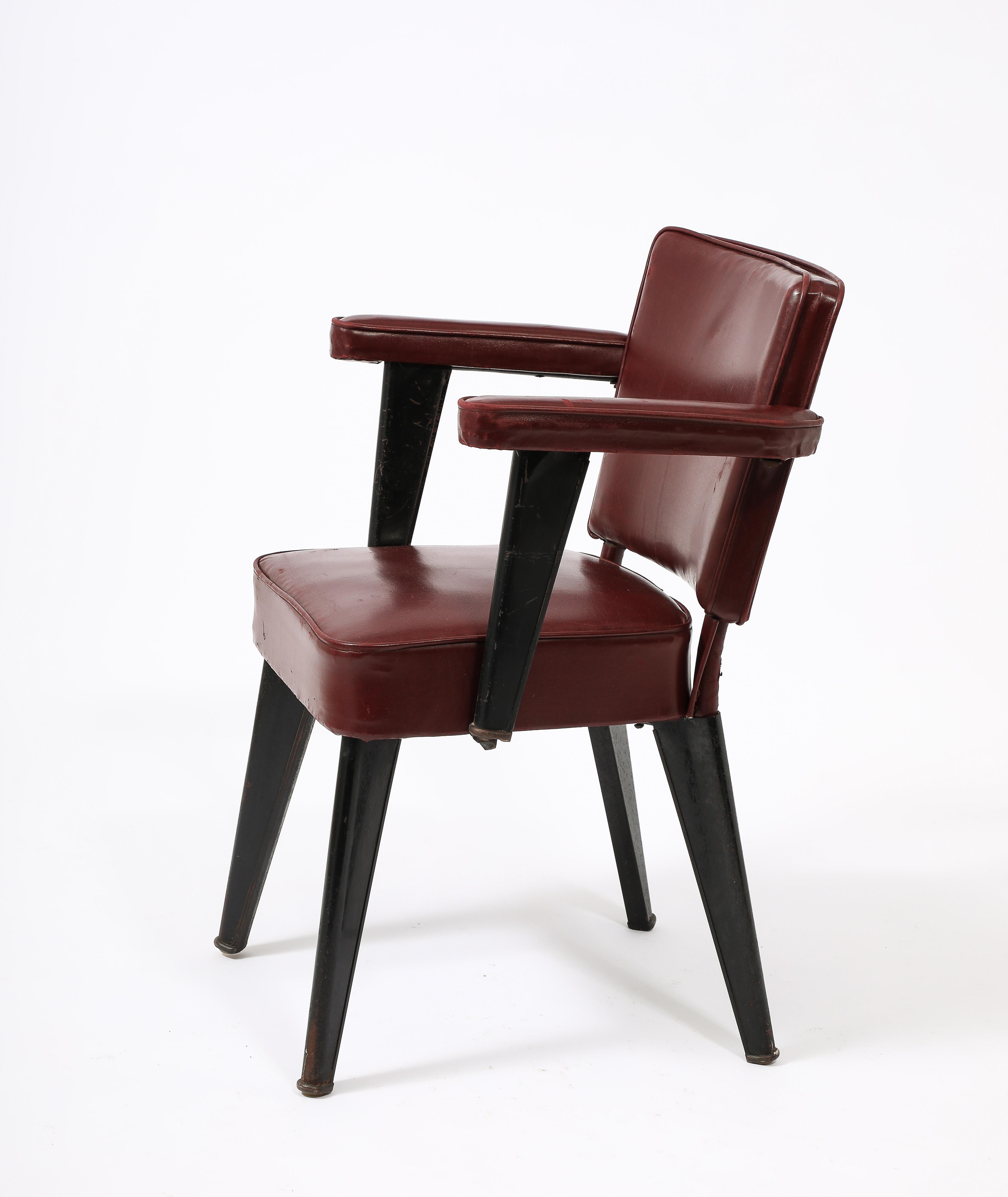 Designed by Maison Dominique as part of their commission for the French warship Clemenceau, those chairs predate the Prouvé design language by a couple of decades and are rarer, made of folded and bent steel. Price is per chair. We also have stools