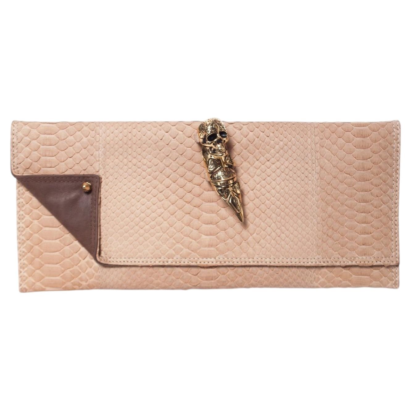 Maison Du Posh, Knuckle ring clutch in beige python. For Sale