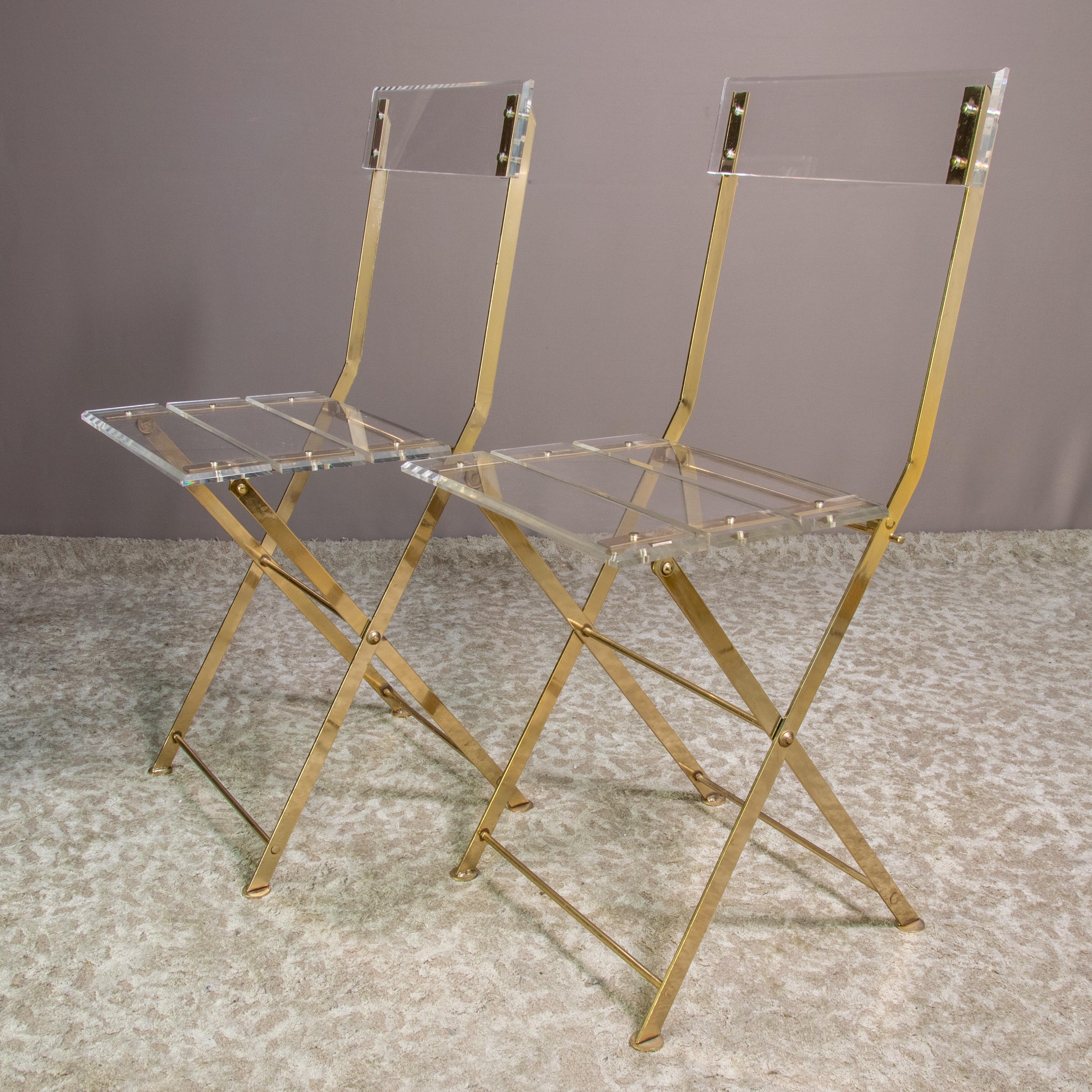 Brass Maison et Jardin Set of 2 Vintage Lucite Folding Chairs