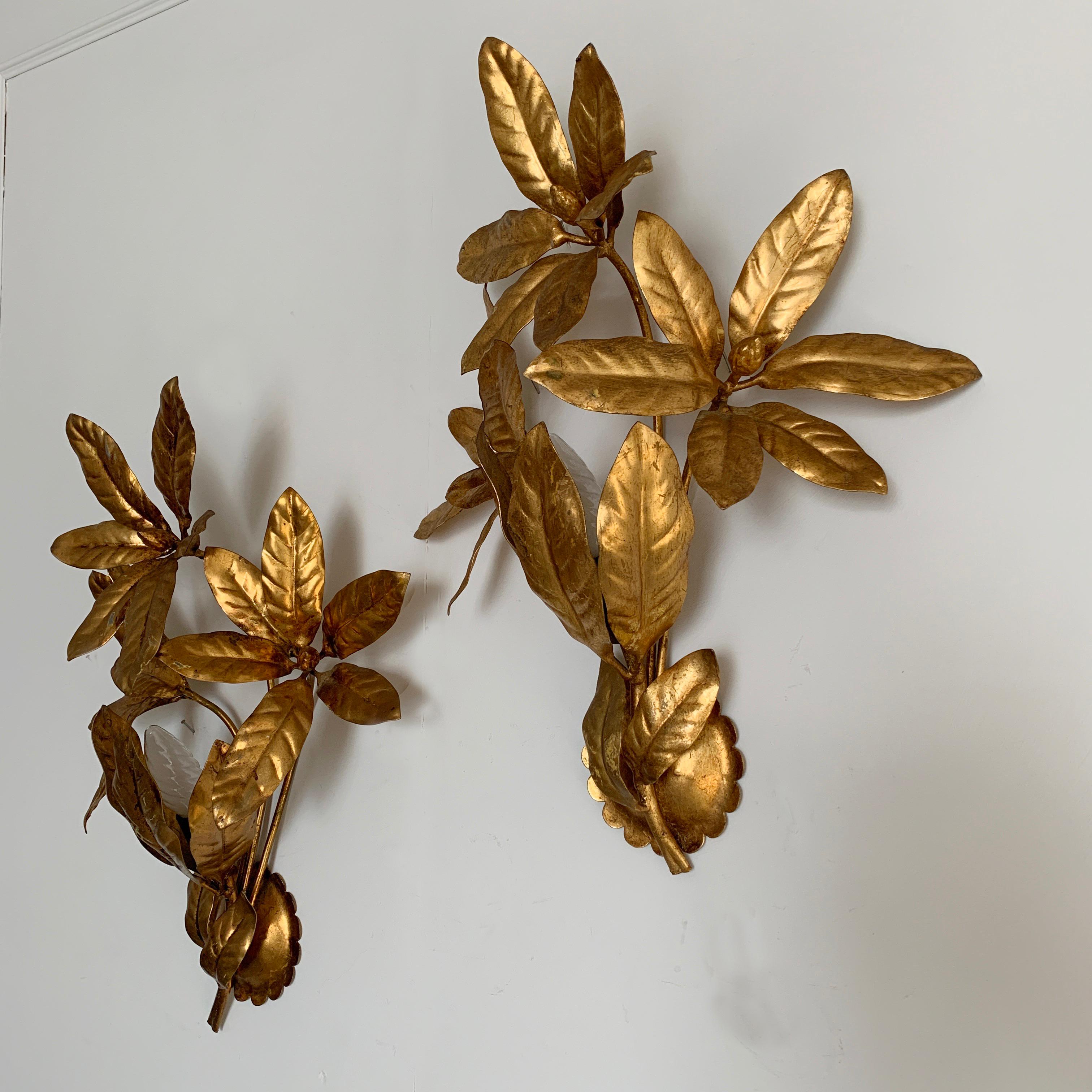 French Maison Flor Art Gilt Flower Wall Lights, circa 1970s