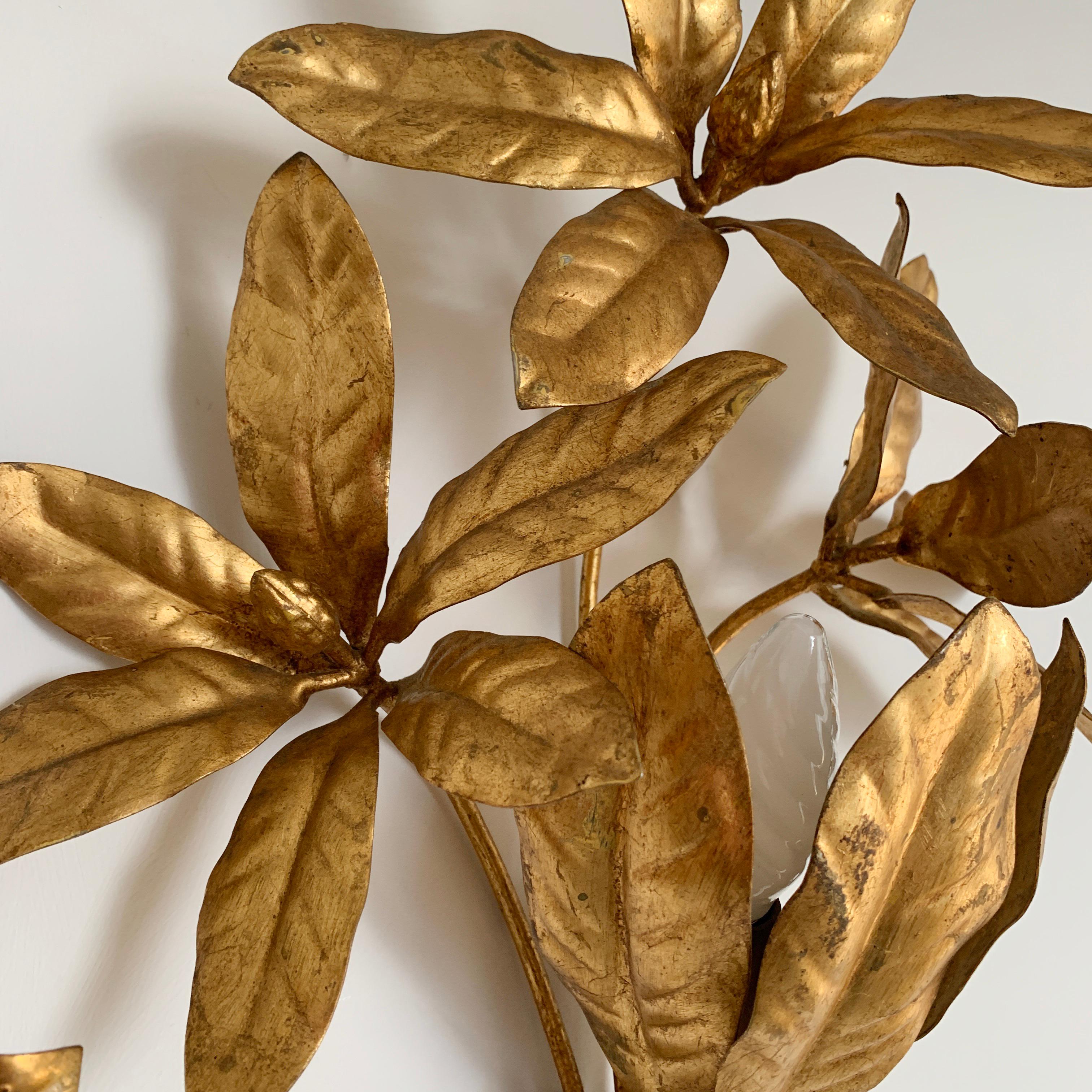 Maison Flor Art Gilt Flower Wall Lights, circa 1970s In Good Condition In Hastings, GB