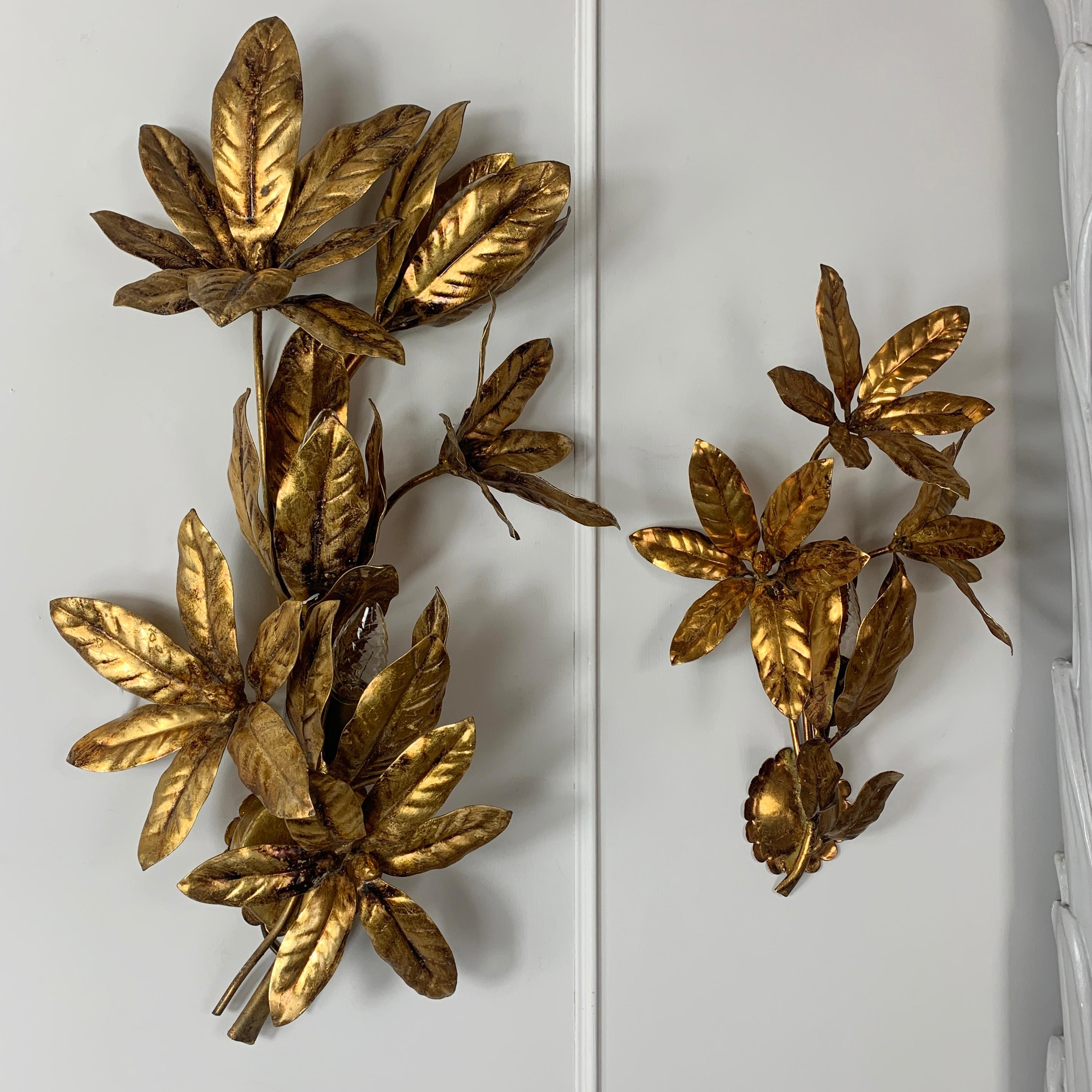 Maison Flor Art Gilt Flower Wall Lights, circa 1970s In Good Condition In Hastings, GB
