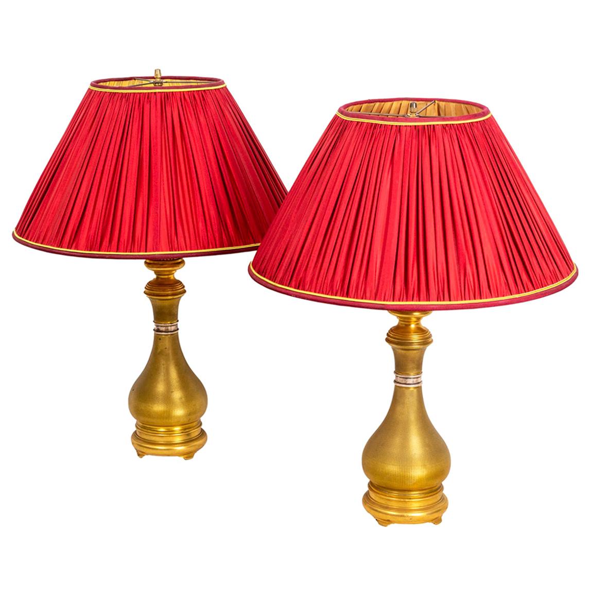 Maison Gagneau, Pair of Lamp in Guilloche Gilt Brass, Late 19th Century For Sale