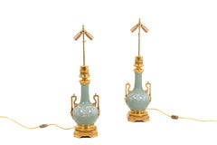 Maison Gagneau, Pair of Lamps in Celadon Porcelain and Gilt Bronze, circa 1880