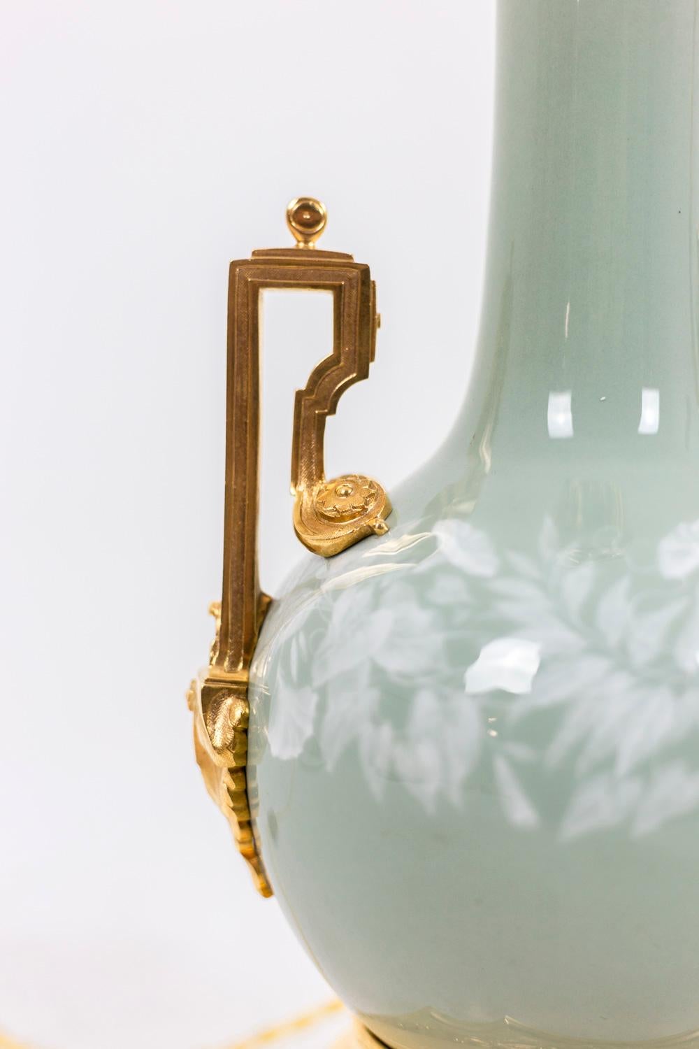 Late 19th Century Maison Gagneau, Pair of Lamps in Celadon Porcelain and Gilt Bronze, circa 1880