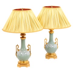 Maison Gagneau, Pair of Lamps in Celadon Porcelain and Gilt Bronze, circa 1880