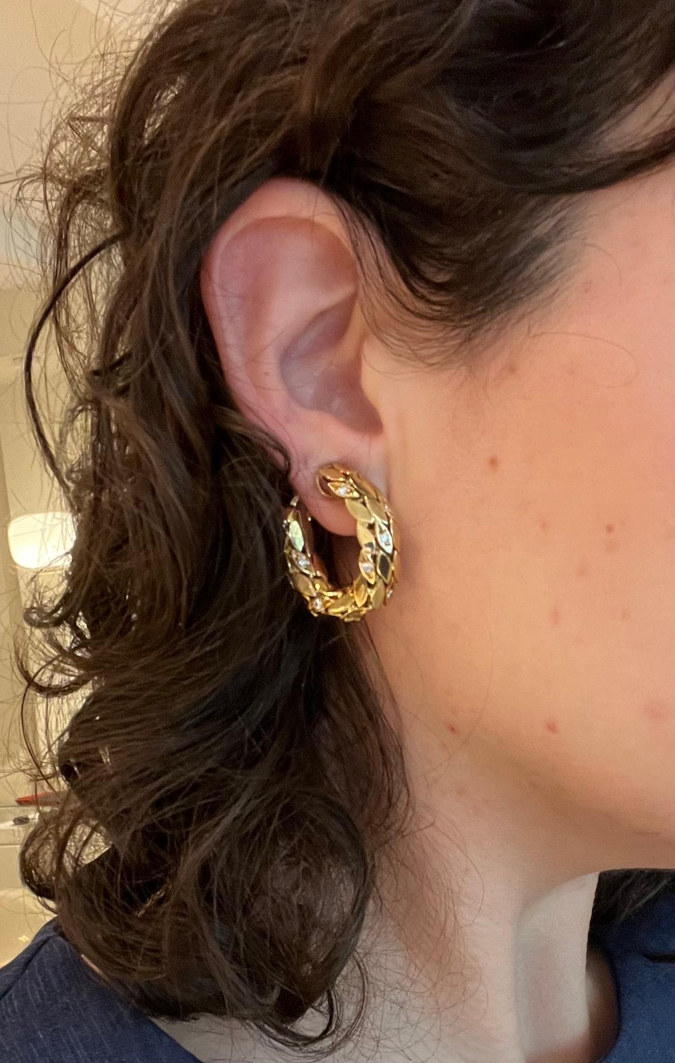 Maison Gérard Diamond and 18K Yellow Gold Hoop Earrings, Circa 1970 In Excellent Condition In New York, NY