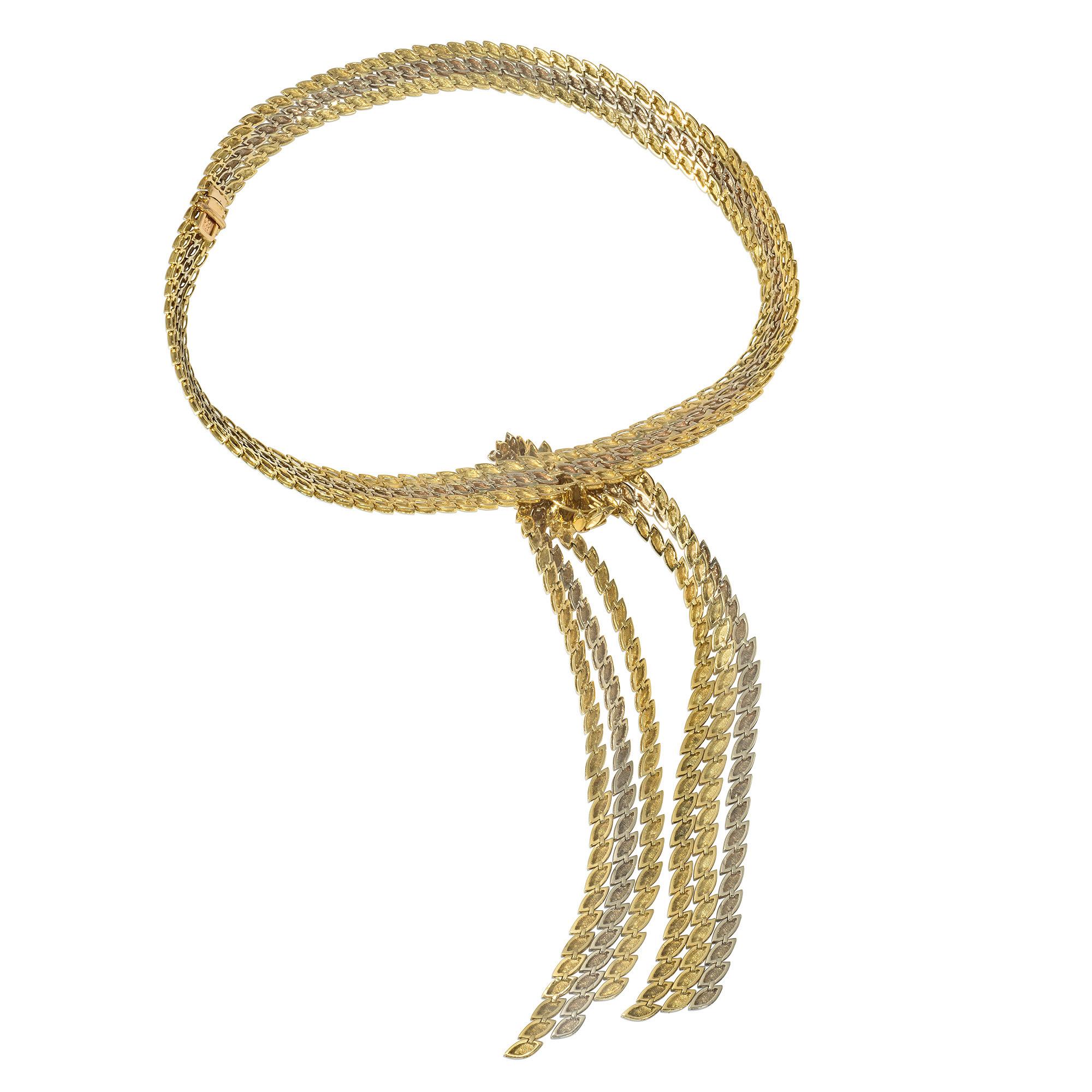 Maison Gerard, zweifarbige Goldhalskette mit Knoten- und kaskadenförmigem Quaste-Design (Retro) im Angebot