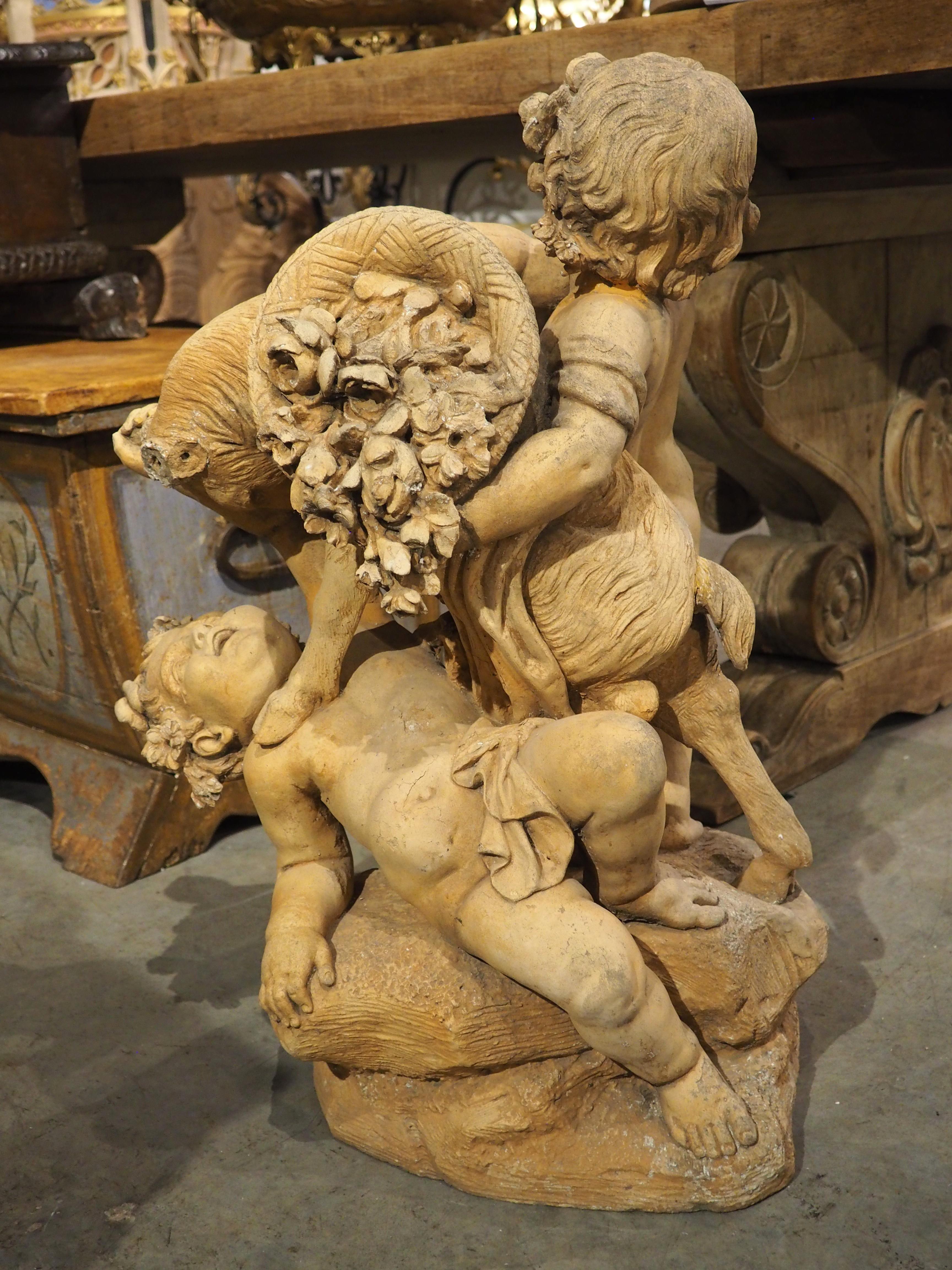 Maison Gossin Frères Terracotta Sculpture, Bacchanal Putti with Goat, Circa 1880 For Sale 6