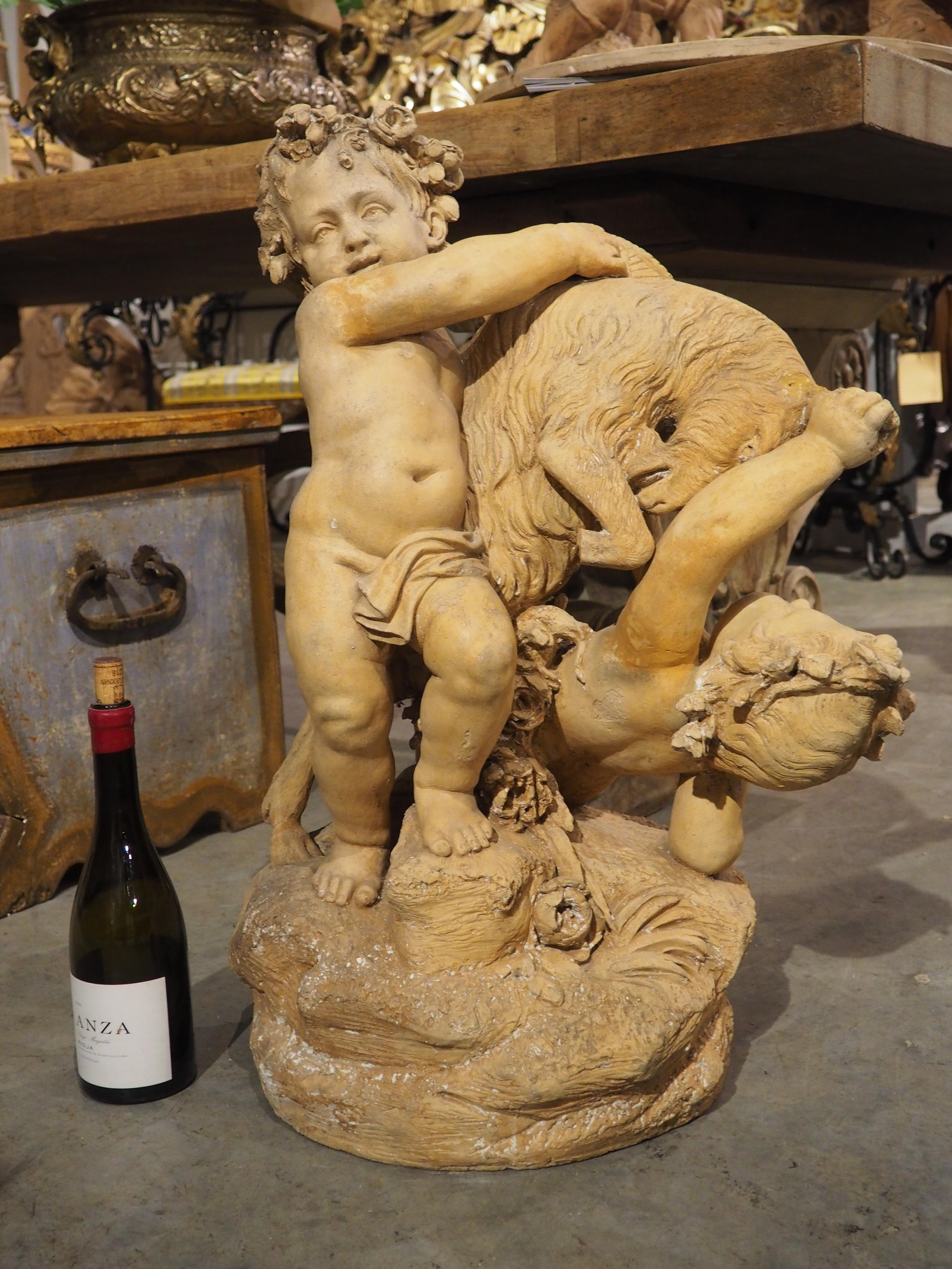 More information coming soon…

This fantastic terra cotta sculpture from circa 1880 is full of life.  By Maison Gossin Frères (signed on the side of the ground), the bacchanalian scene depicts two putti wrestling a goat.