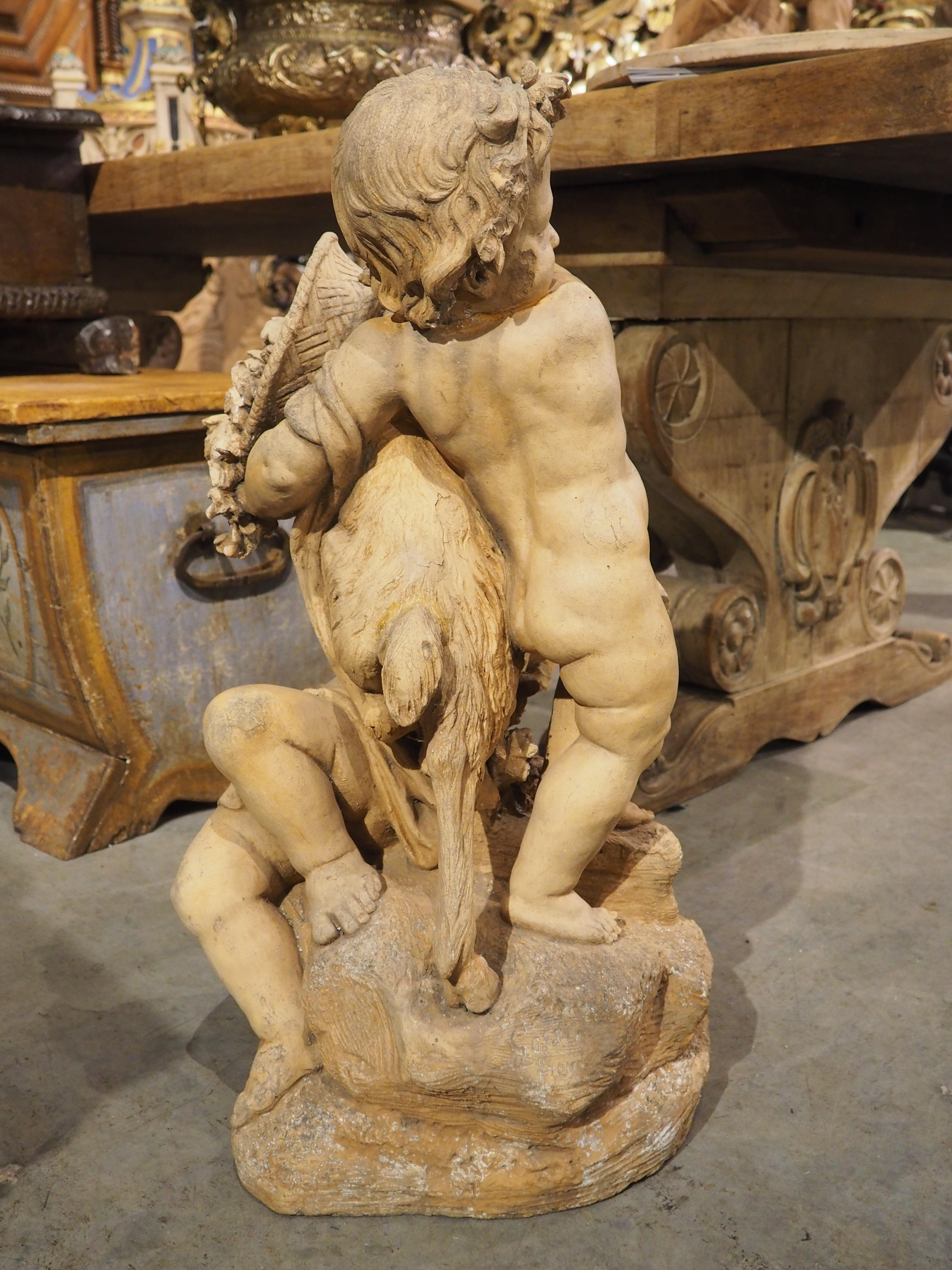 Maison Gossin Frères Terracotta Sculpture, Bacchanal Putti with Goat, Circa 1880 For Sale 2