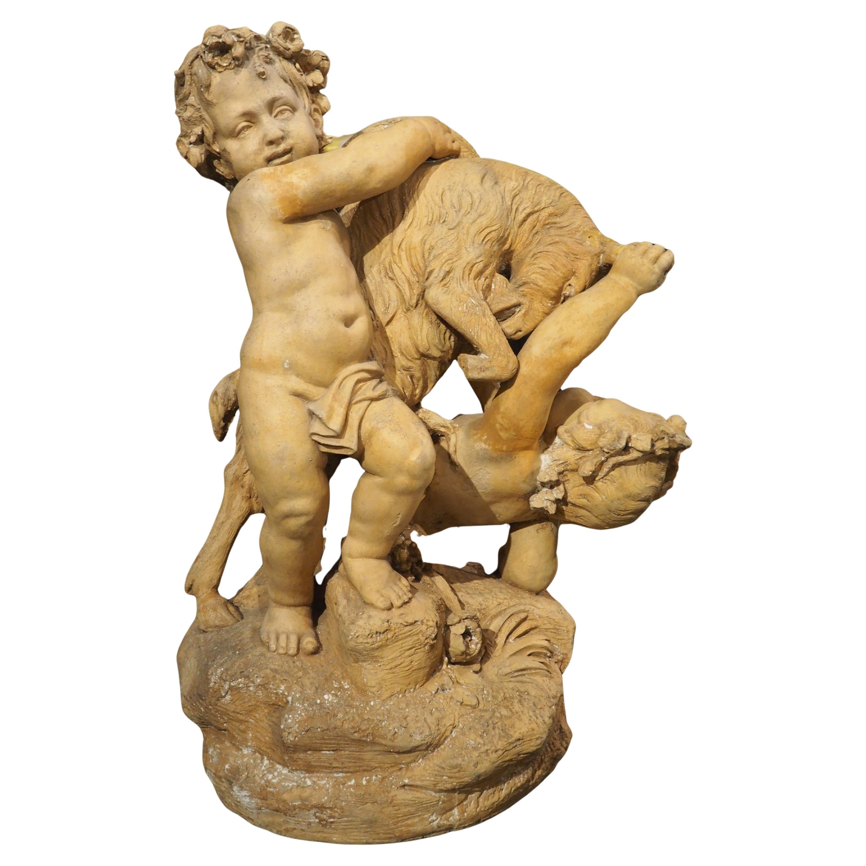 Maison Gossin Frères Terracotta Sculpture, Bacchanal Putti with Goat, Circa 1880 For Sale