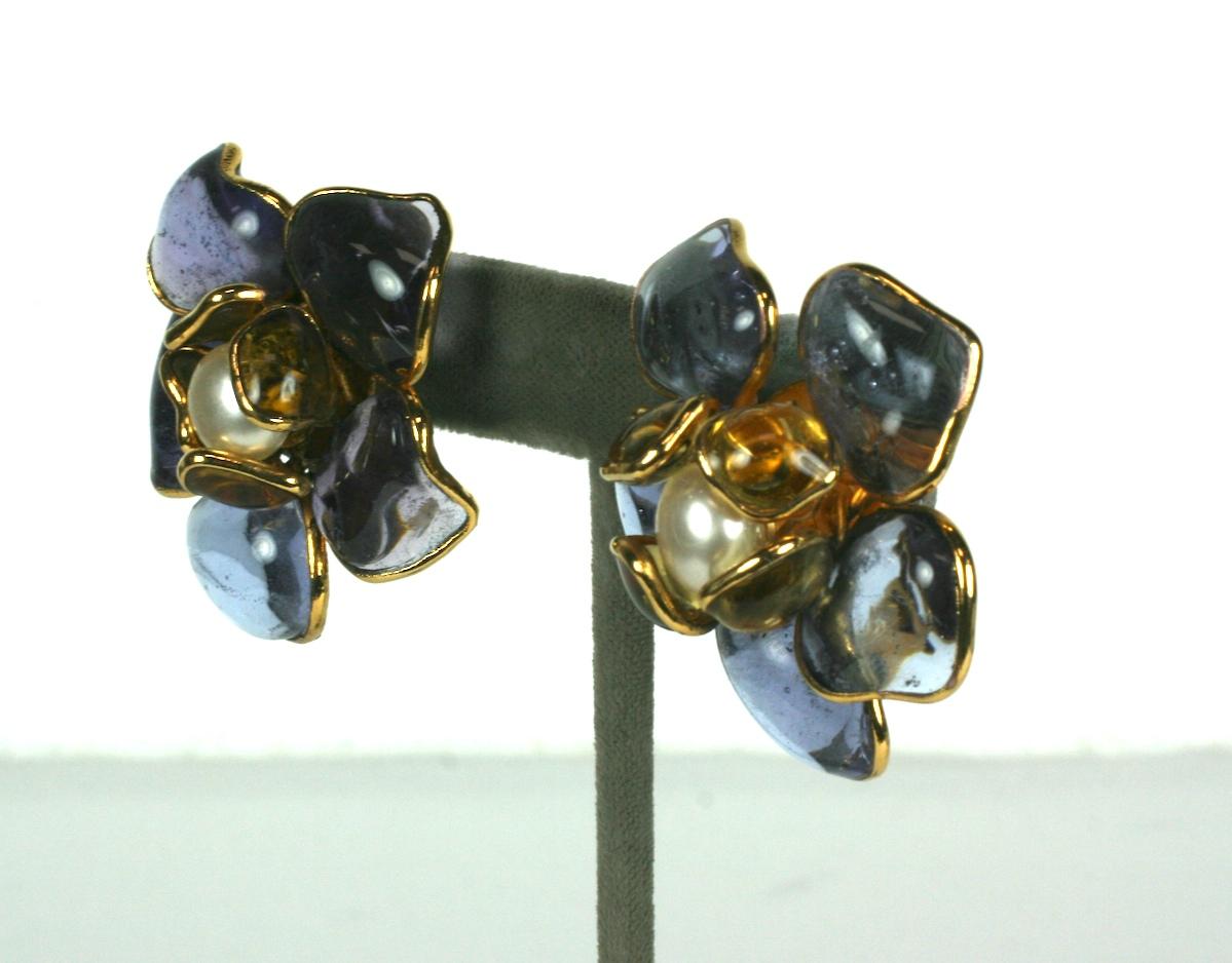 Maison Gripoix Flower Earrings from the 1980's, France. Handmade poured glass pale amythest petals with center motif of citrine petals and faux pearl. Chanel used this process until the 1990's. Clip back fittings. 
1.75