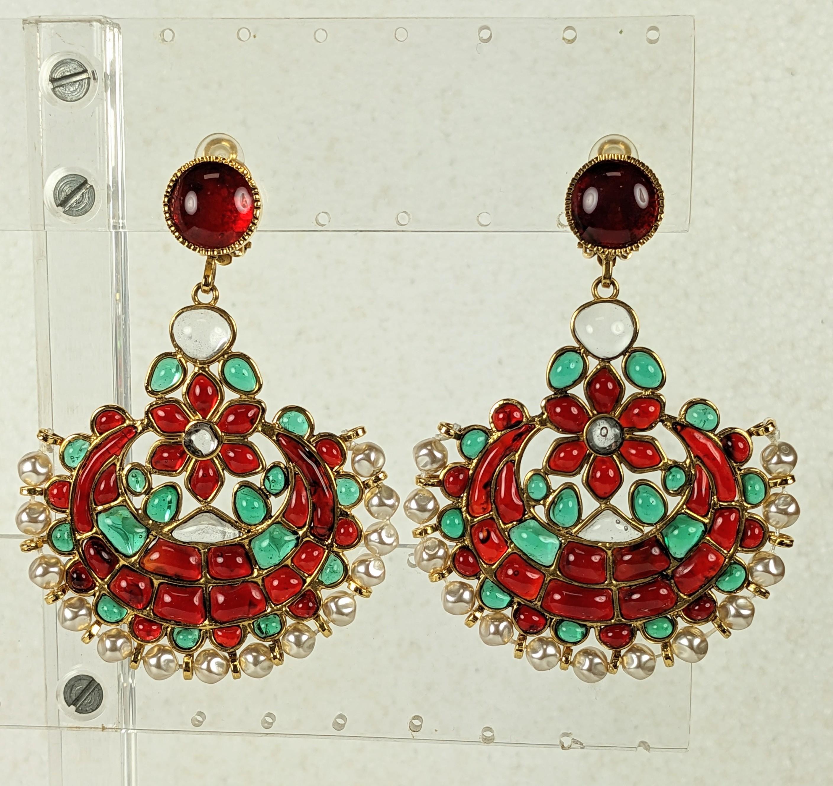 Amazing, Rare Maison Gripoix for Chanel elegant Anglo Indian Moghul earrings from the 1990's. Dimensional design with hand poured glass in pale emerald, deep ruby and crystal hand poured Gripoix glass enamel to mimic gemstones with faux baroque
