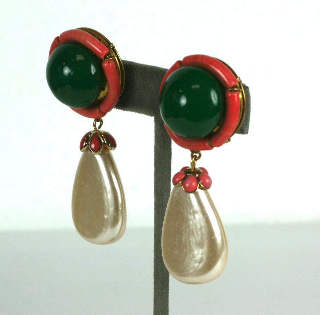 Maison Gripoix for Chanel Haute Couture Collector quality ear clips. Of deep jade and coral pate de verre cabochons and curved tubular beads (similar to ones used on her Seguso glass chains) with poured glass enamel caps. Handmade Nacre Baroque