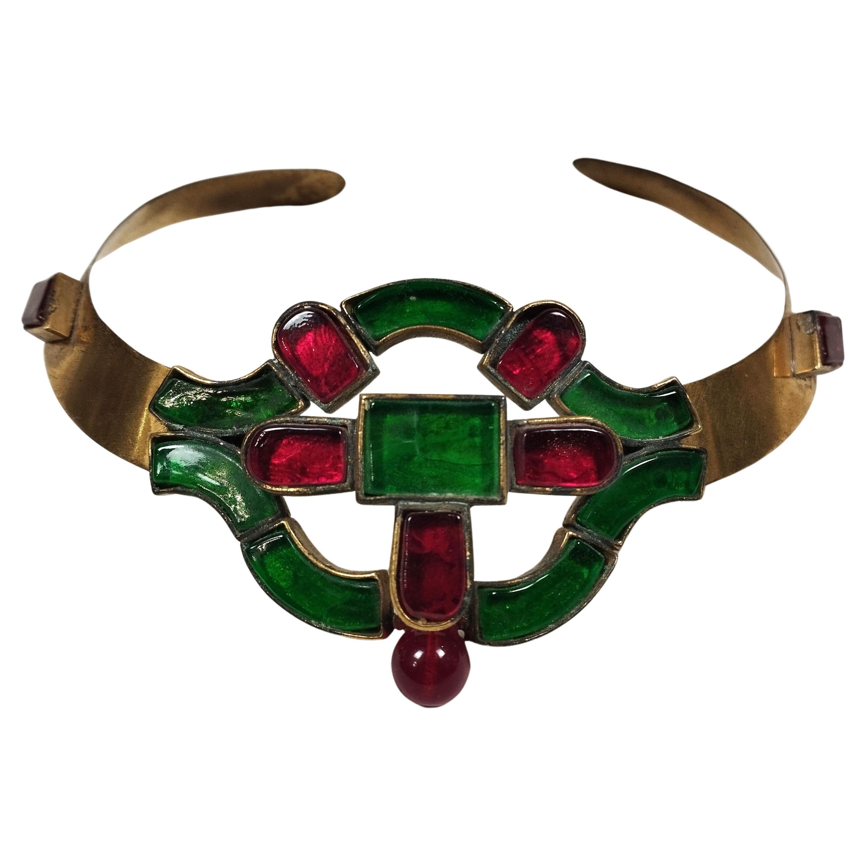 Maison Gripoix for Chanel Brass and Colored Glass Choker For Sale
