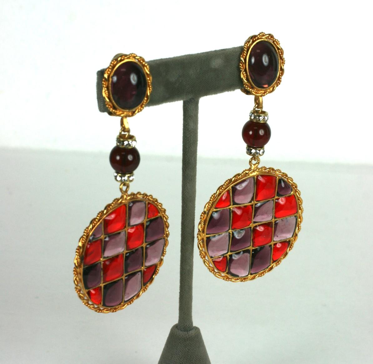 Rare intricate Maison Gripoix masterpiece earrings for Chanel Haute Couture, checked to imitate tweed in patterned poured glass. Of a handmade gilt plate bronze grid, with ruby and dark and pale amythest poured glass. Connector is round ruby glass