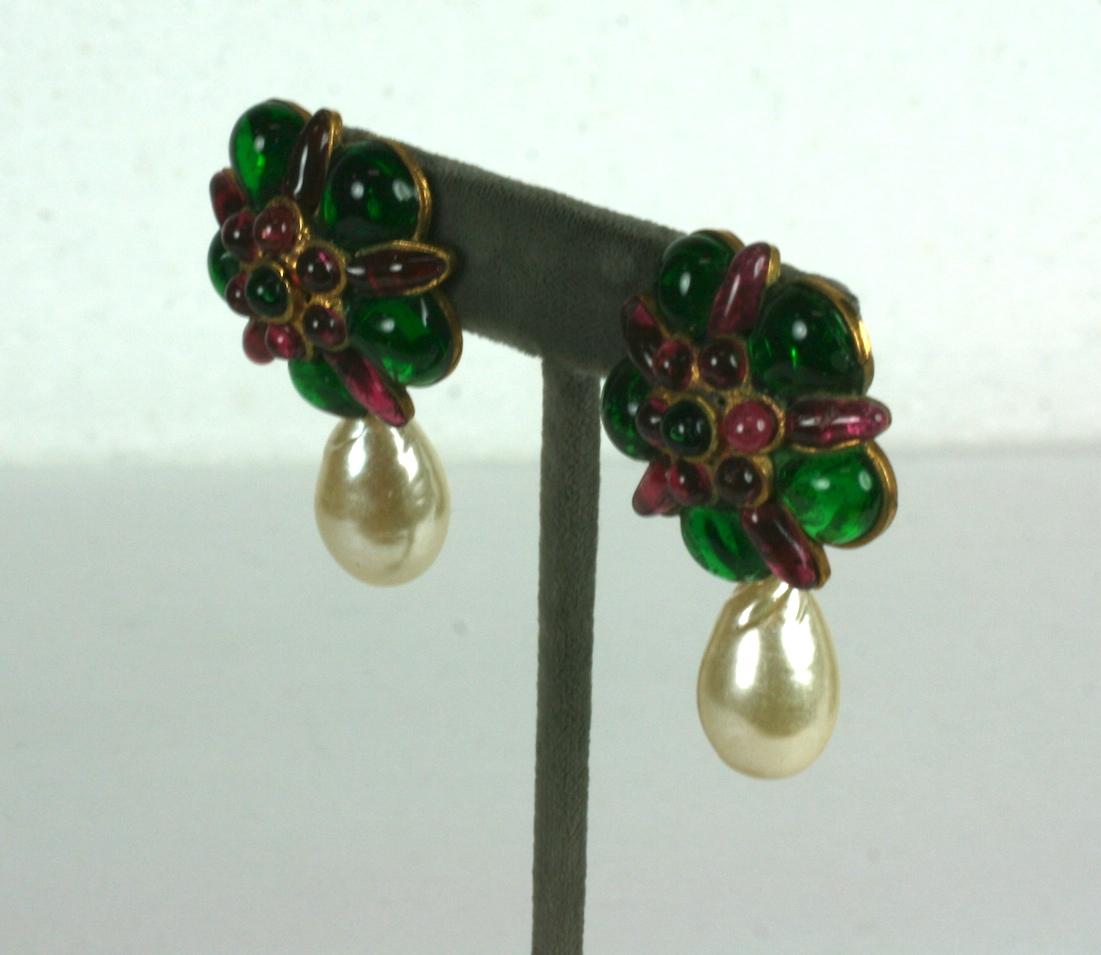 Signature Hand made Maison Gripoix for Chanel Haute Couture Tudor Rose flower head ear clips. Of ruby and emerald poured glass enamel with handmade nacred baroque teardrop pearls. Unsigned Chanel Haute Couture. 
Excellent Condition.
Length 2
