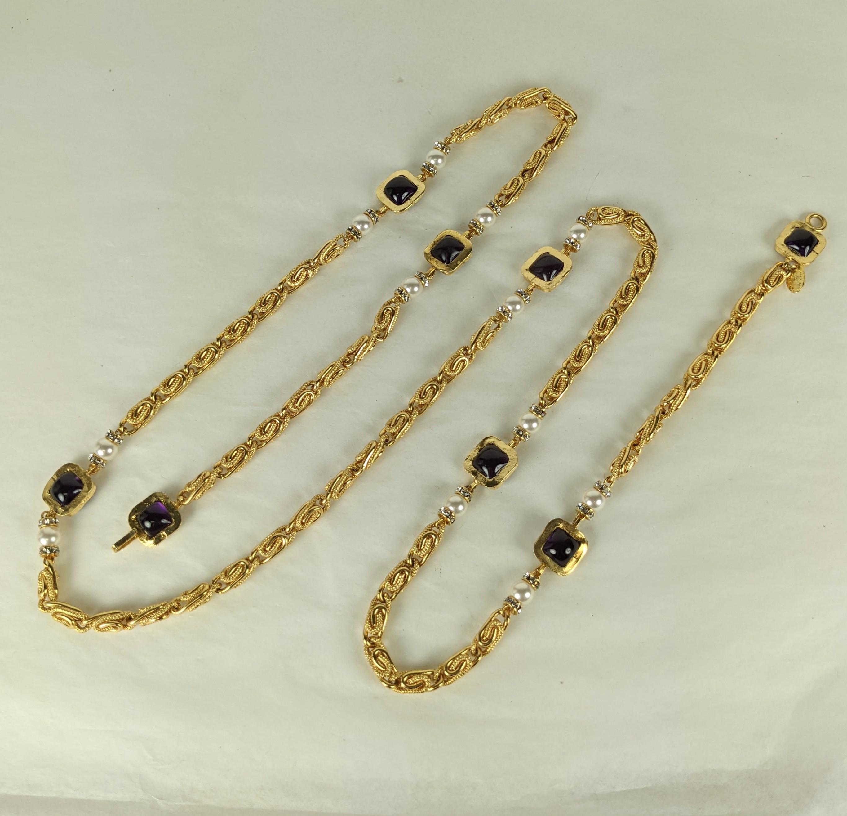 Maison Gripoix for Chanel poured glass amythest, faux pearl and pave long chain. Byzantine necklace composed of square stations of amythest poured glass enamel, faux pearl and crystal rondelle stations with greek key link chaining. 
Excellent