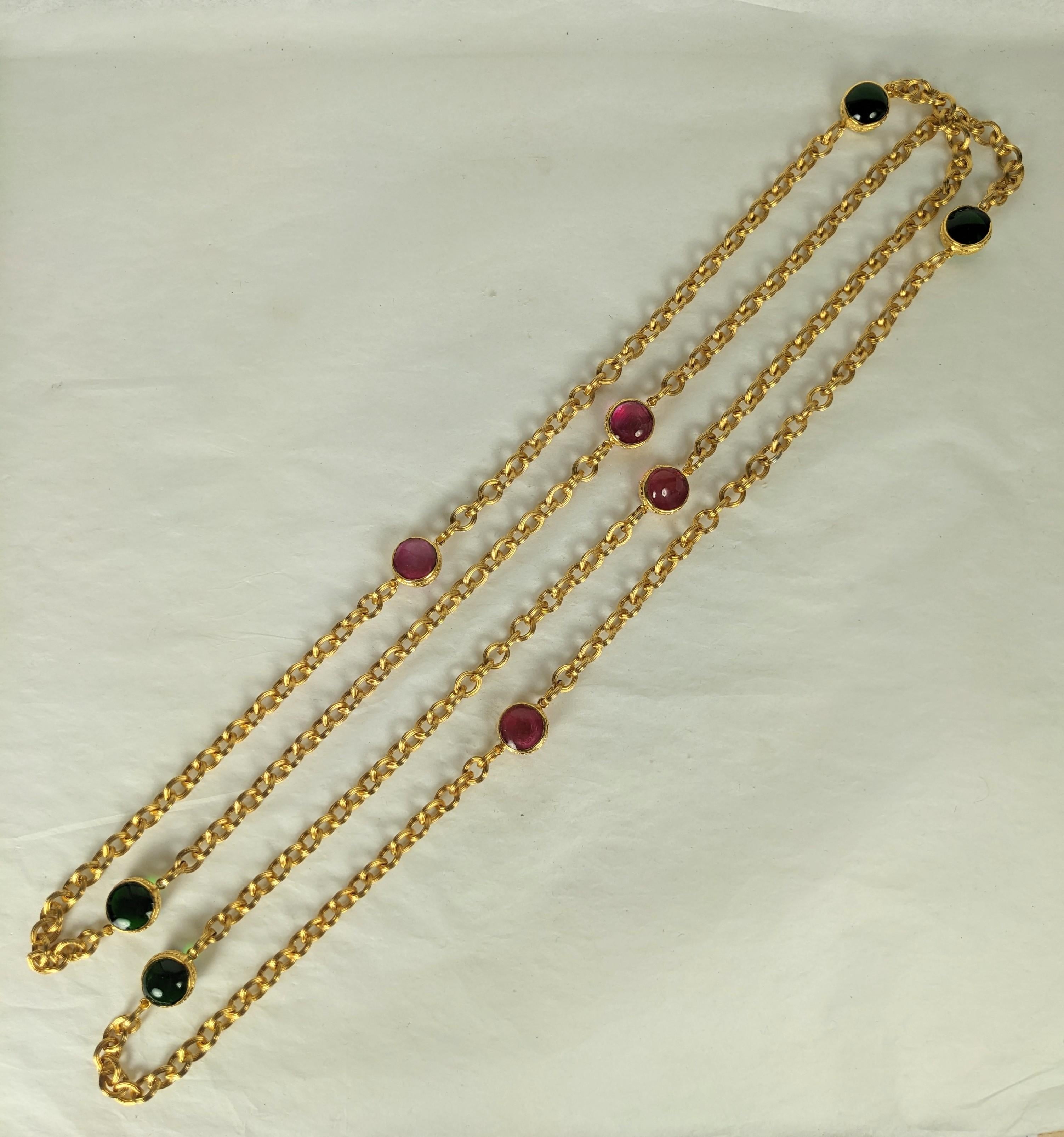 Maison Gripoix for Chanel Renaissance style chain link necklace. Of gilt floral incised bronze bezels with Gripoix poured glass emerald and pale ruby enamel double sided cabocheons on a rich ribbed matte gold link chain. Excellent Condition.