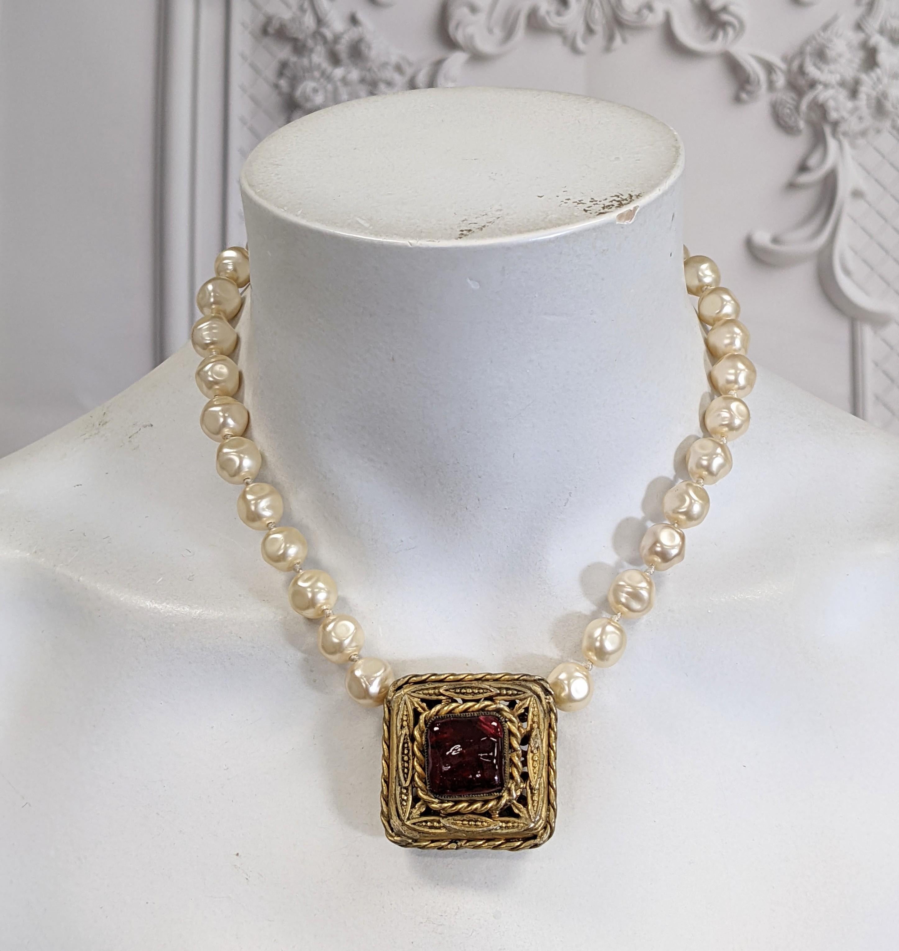 Maison Gripoix for Chanel Ruby and Pearl Byzantine Necklace For Sale 3