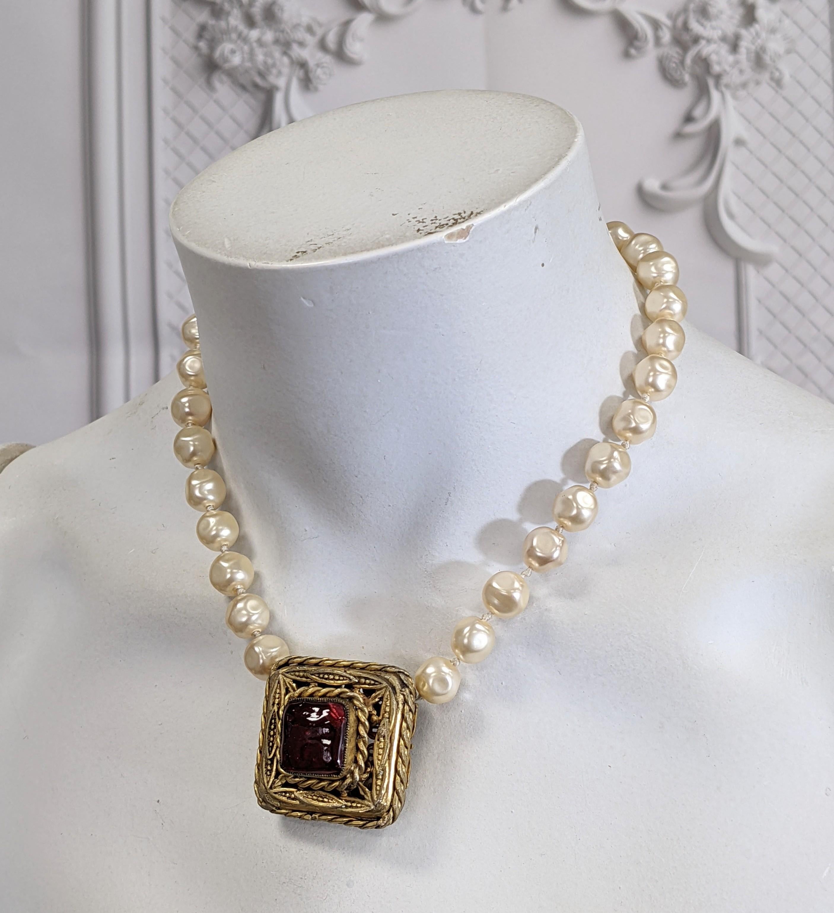 Maison Gripoix for Chanel Ruby and Pearl Byzantine Necklace For Sale 4
