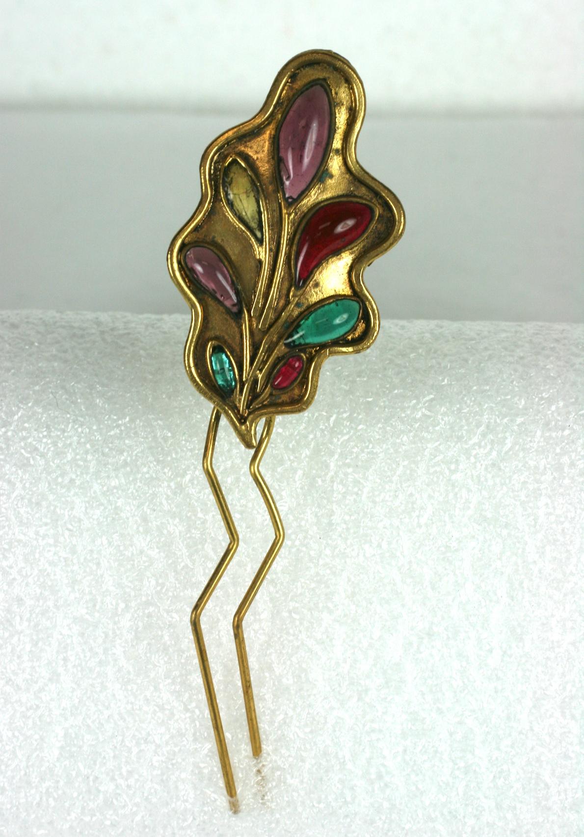 Lovely Maison Gripoix for Isabel Canovas gilt bronze hair comb. Formed as an abstract oak leaf with Gripoix poured glass enamel leaf and oval cabocheons in gem tone colors. 1980's France.
Excellent Condition. Signed.
Length 4 3/4