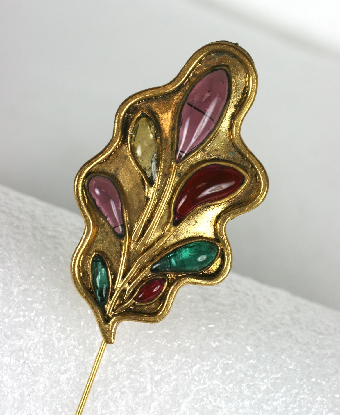 Lovely Maison Gripoix for Isabel Canovas gilt bronze jabot stickpin brooch. Formed as an abstract oak leaf with Gripoix poured glass enamel leaf and oval cabochons in gem tone colors. 
1980's France. Excellent Condition. Signed. 
Length 5. 1/8